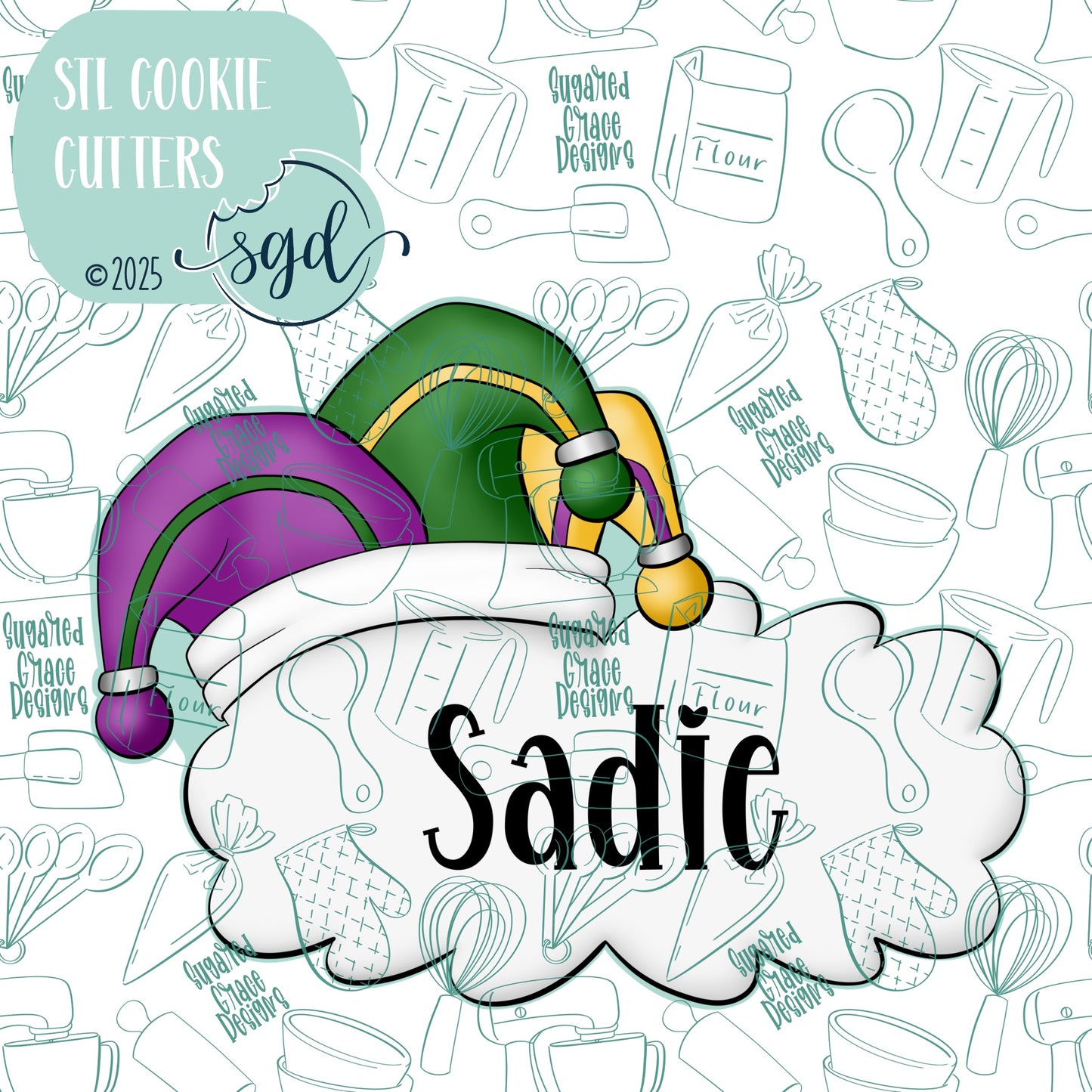 Mardi Gras Jester Hat Name Plaque Cookie Cutter STL File  with PNG Images to Match - For 3D Printing and Edible Ink Printers