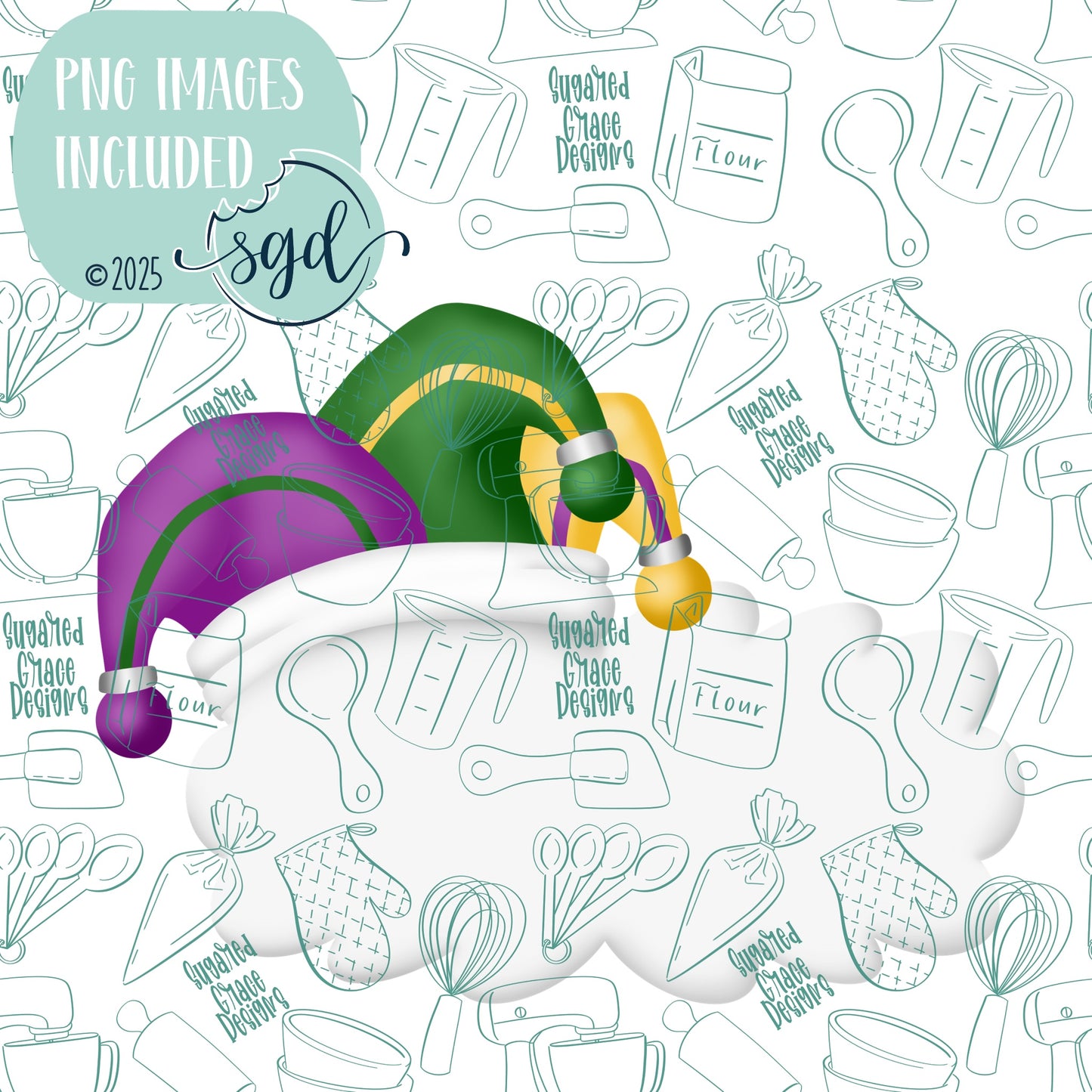 Mardi Gras Jester Hat Name Plaque Cookie Cutter STL File  with PNG Images to Match - For 3D Printing and Edible Ink Printers