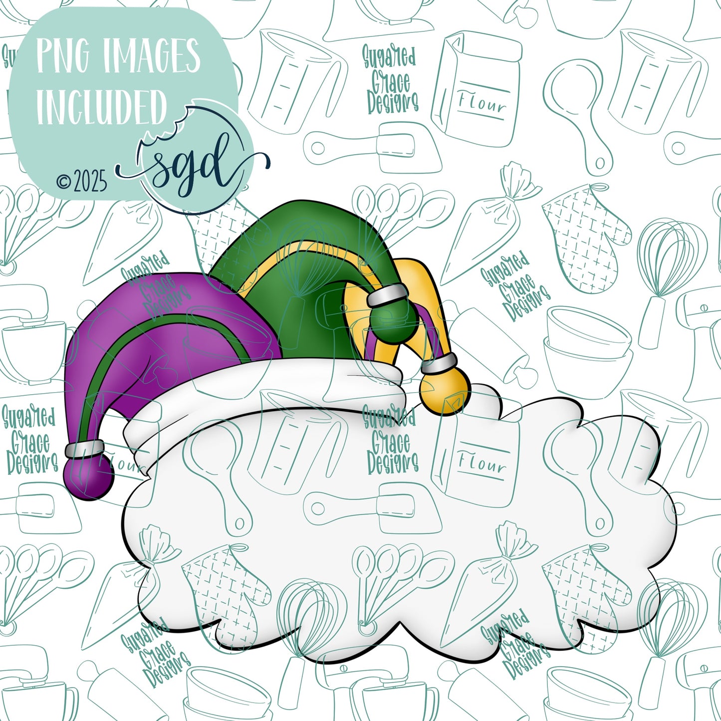 Mardi Gras Jester Hat Name Plaque Cookie Cutter STL File  with PNG Images to Match - For 3D Printing and Edible Ink Printers