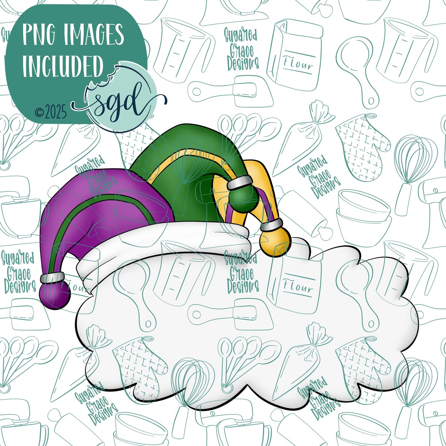 Jester Hat Plaque Cookie Cutter with PNG Images to Match - Hand Drawn Graphics for Edible Ink Printers
