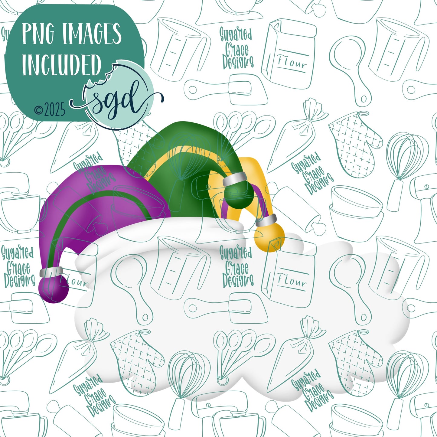 Jester Hat Plaque Cookie Cutter with PNG Images to Match - Hand Drawn Graphics for Edible Ink Printers