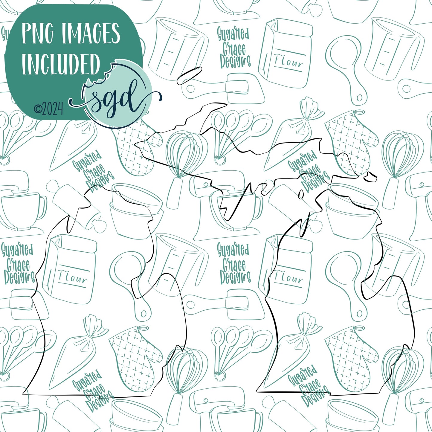 Michigan State Cookie Cutter with PNG Images to Match - Hand Drawn Graphics for Edible Ink Printers - United States Shape