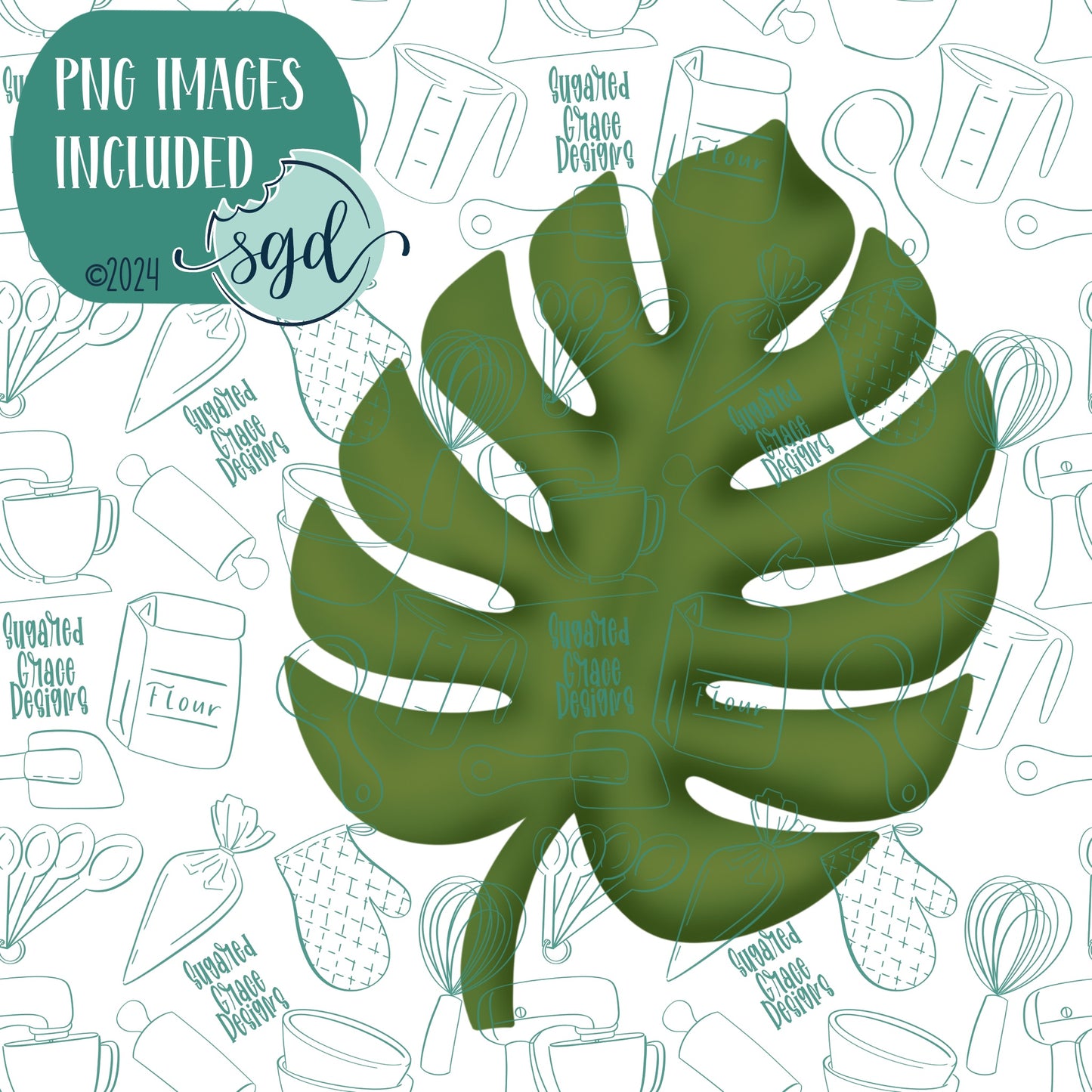 Monstera Leaf Cookie Cutter with PNG Images to Match - Hand Drawn Graphics for Edible Ink Printers