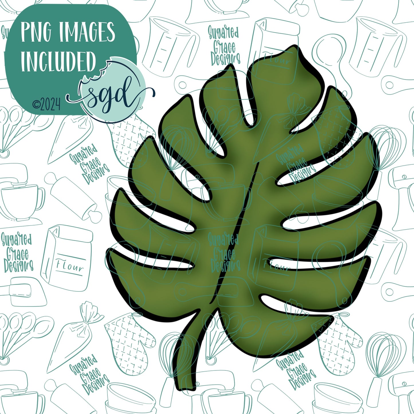 Monstera Leaf Cookie Cutter with PNG Images to Match - Hand Drawn Graphics for Edible Ink Printers