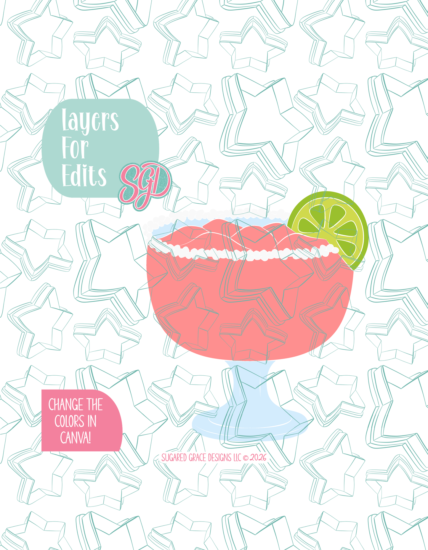 Colored layer breakdown of the Margarita showing each section in a different color, with every color representing a separate editable layer in Canva. Displayed on a background watermarked with Sugared Grace Designs’ teal star pattern