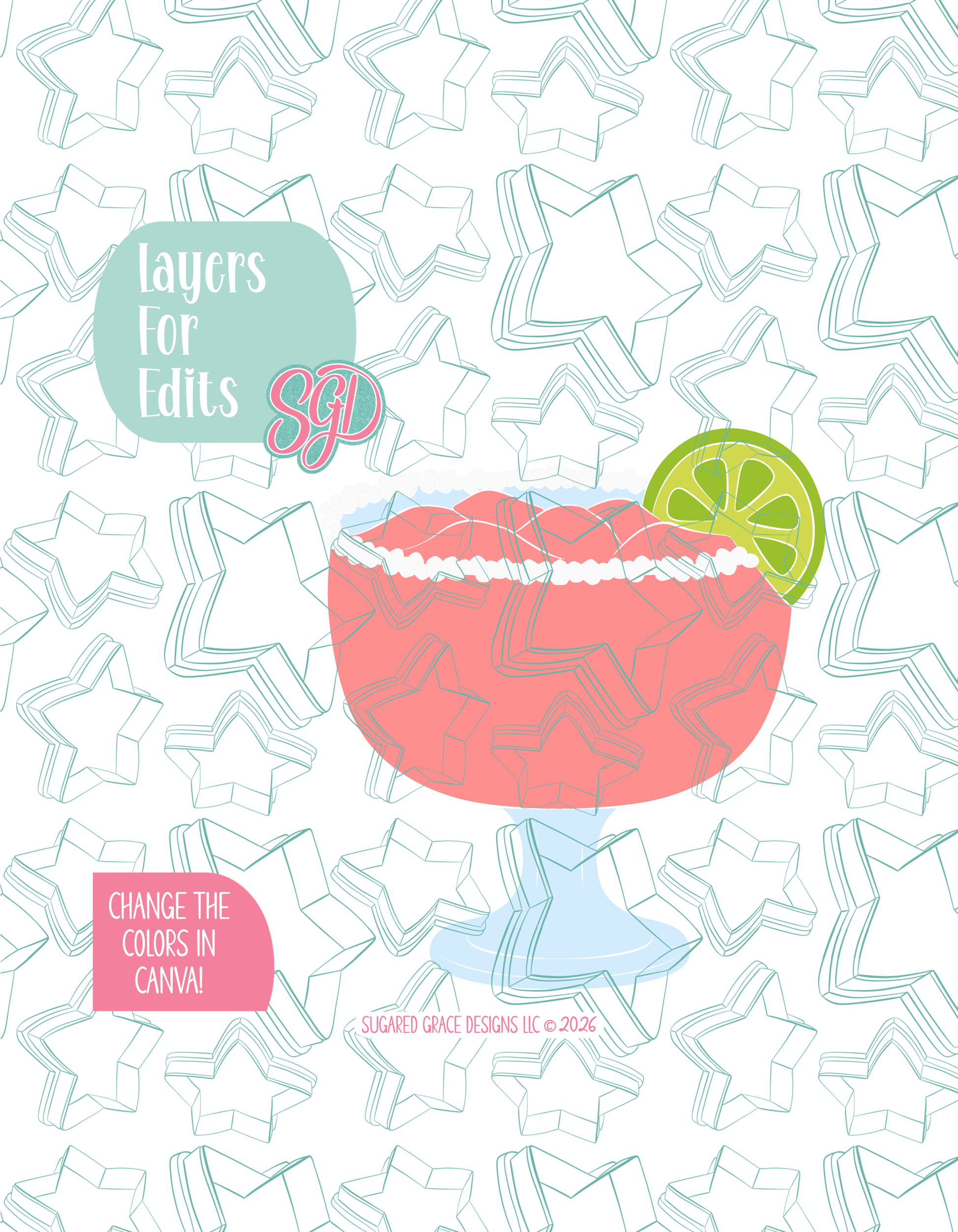 Colored layer breakdown of the Margarita showing each section in a different color, with every color representing a separate editable layer in Canva. Displayed on a background watermarked with Sugared Grace Designs’ teal star pattern