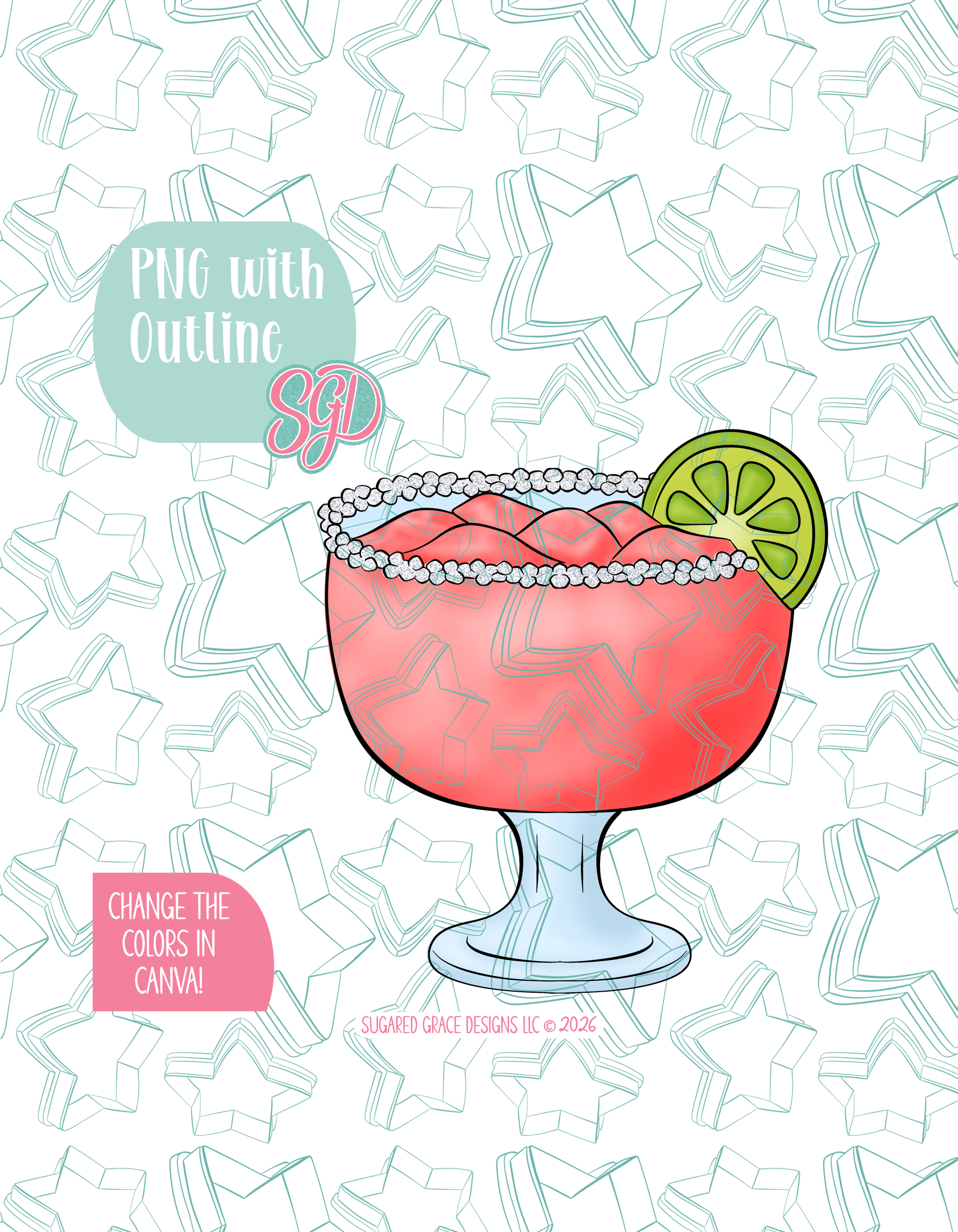 Full color illustrated Margarita, shown with a black outline on a background watermarked with Sugared Grace Designs’ teal star pattern