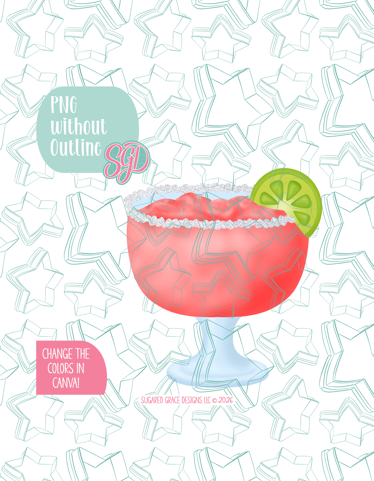 Full color version of the illustrated Margarita, shown without black outlines on a background watermarked with Sugared Grace Designs’ tag star pattern