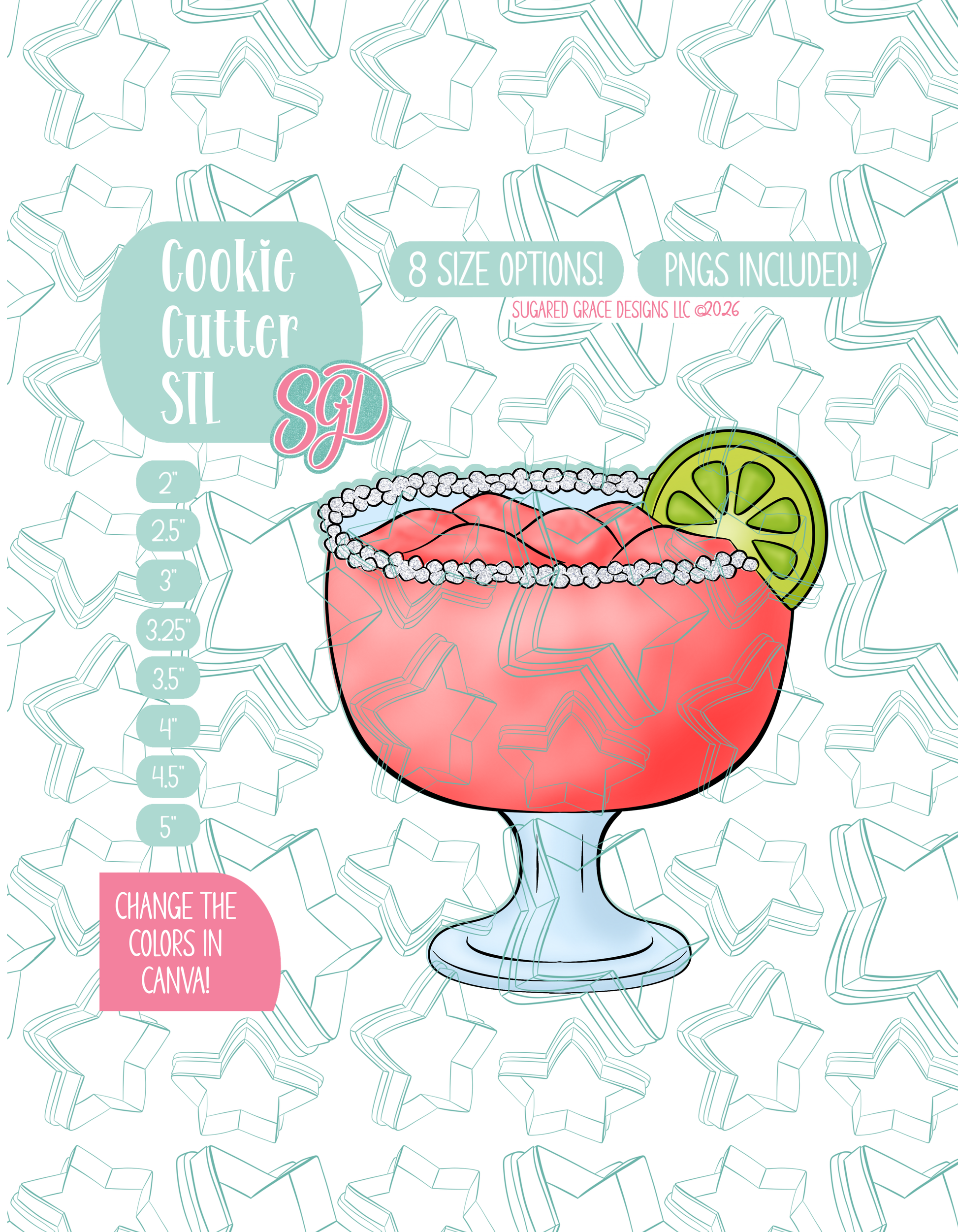 Illustrated Margarita, displayed on a background watermarked with a teal star pattern representing Sugared Grace Design’s brand. Text explains that the listing includes a Margarita STL cookie cutter in multiple sizes plus editable PNG files.