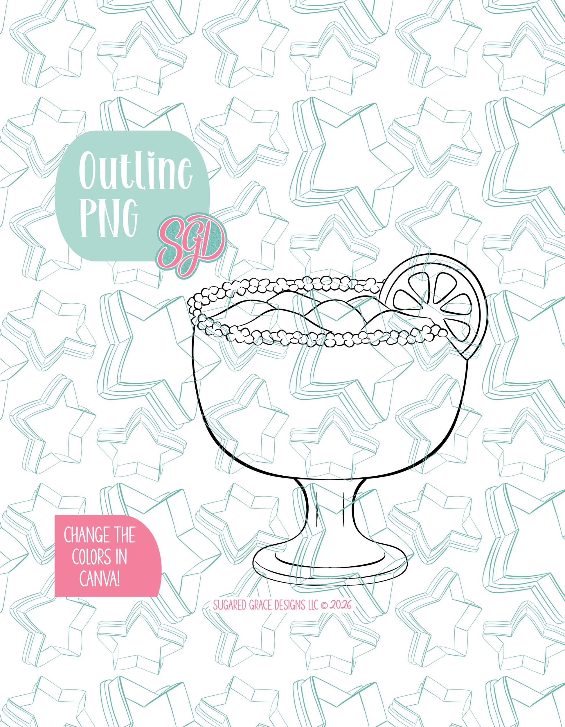 Black line outline drawing of the Margarita displayed on a background watermarked with Sugared Grace Designs’ teal star pattern