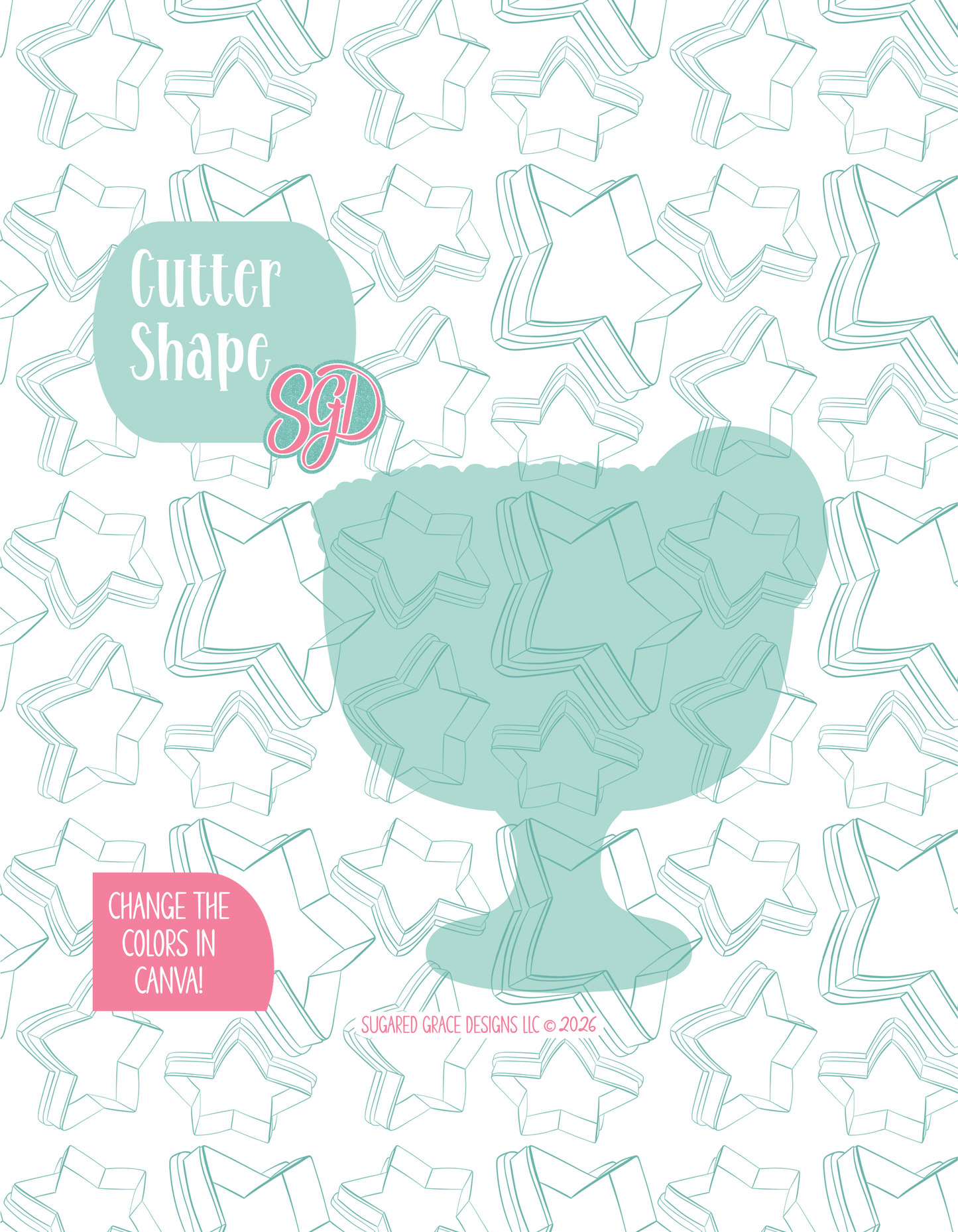 Solid teal silhouette showing the exact outer shape of the Margarita cookie cutter, displayed on a background watermarked with Sugared Grace Design’s teal star pattern