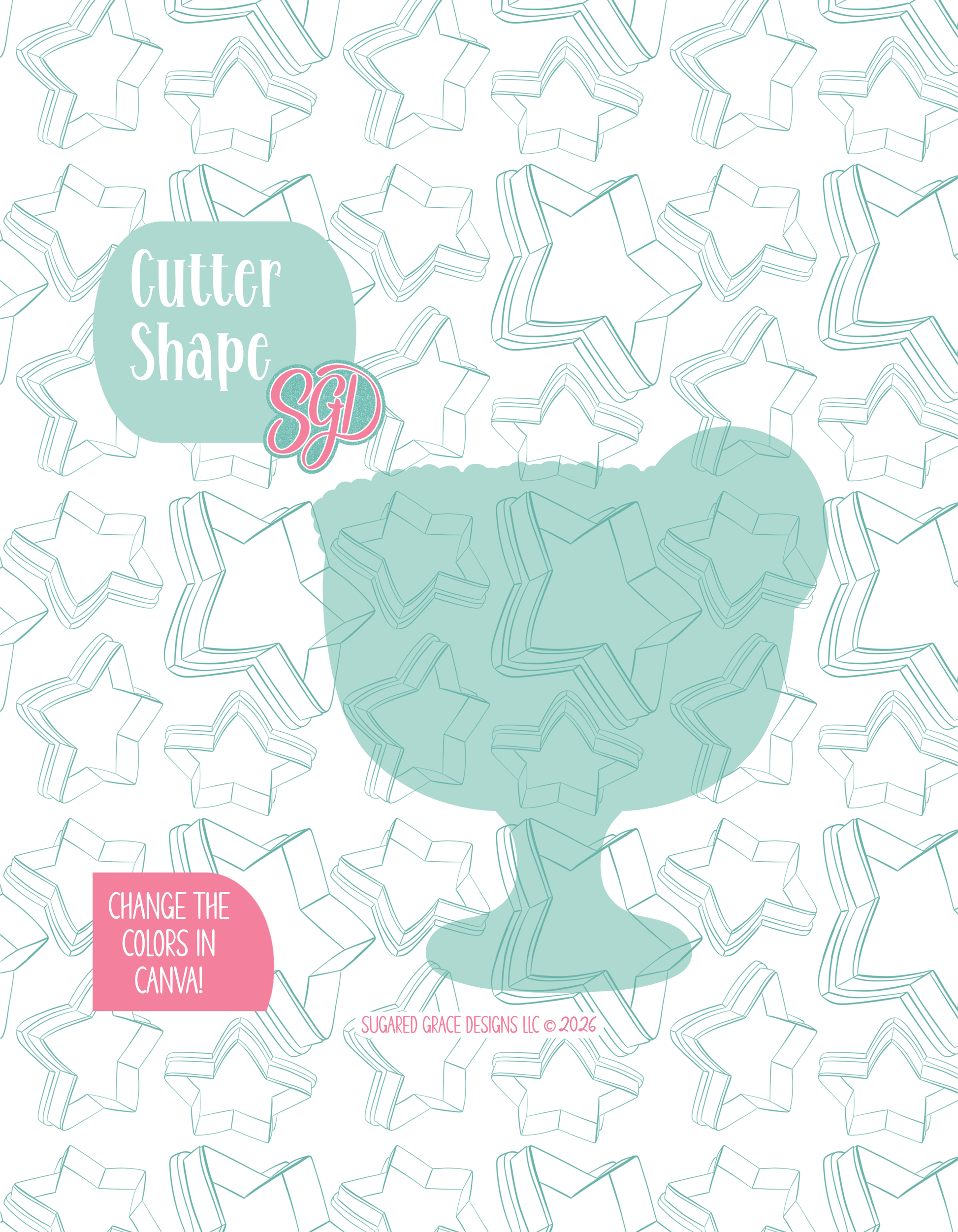 Solid teal silhouette showing the exact outer shape of the Margarita cookie cutter, displayed on a background watermarked with Sugared Grace Design’s teal star pattern