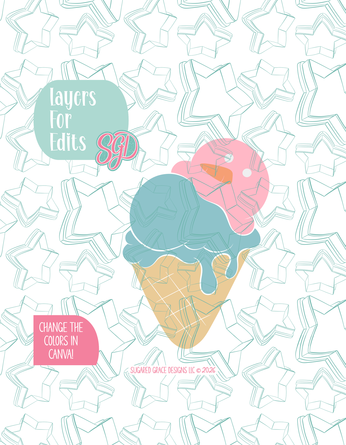 Colored layer breakdown of the snowman ice cream cone showing each section in a different color, with every color representing a separate editable layer in Canva. Displayed on a background watermarked with Sugared Grace Designs’ teal star pattern