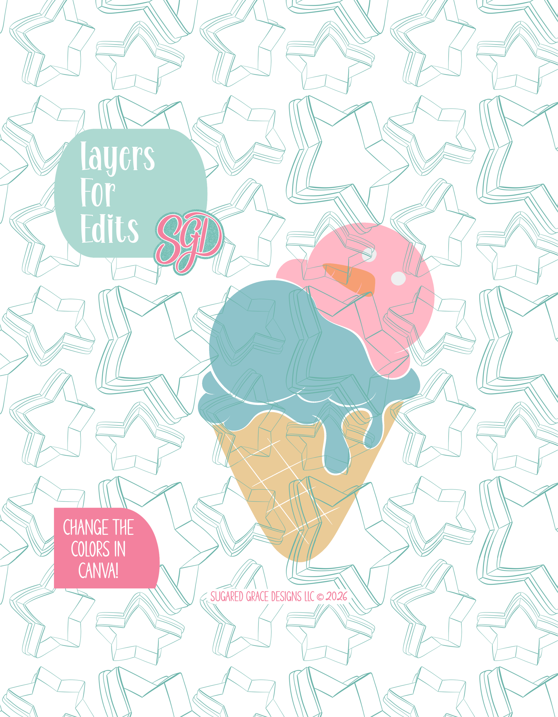 Colored layer breakdown of the snowman ice cream cone showing each section in a different color, with every color representing a separate editable layer in Canva. Displayed on a background watermarked with Sugared Grace Designs’ teal star pattern