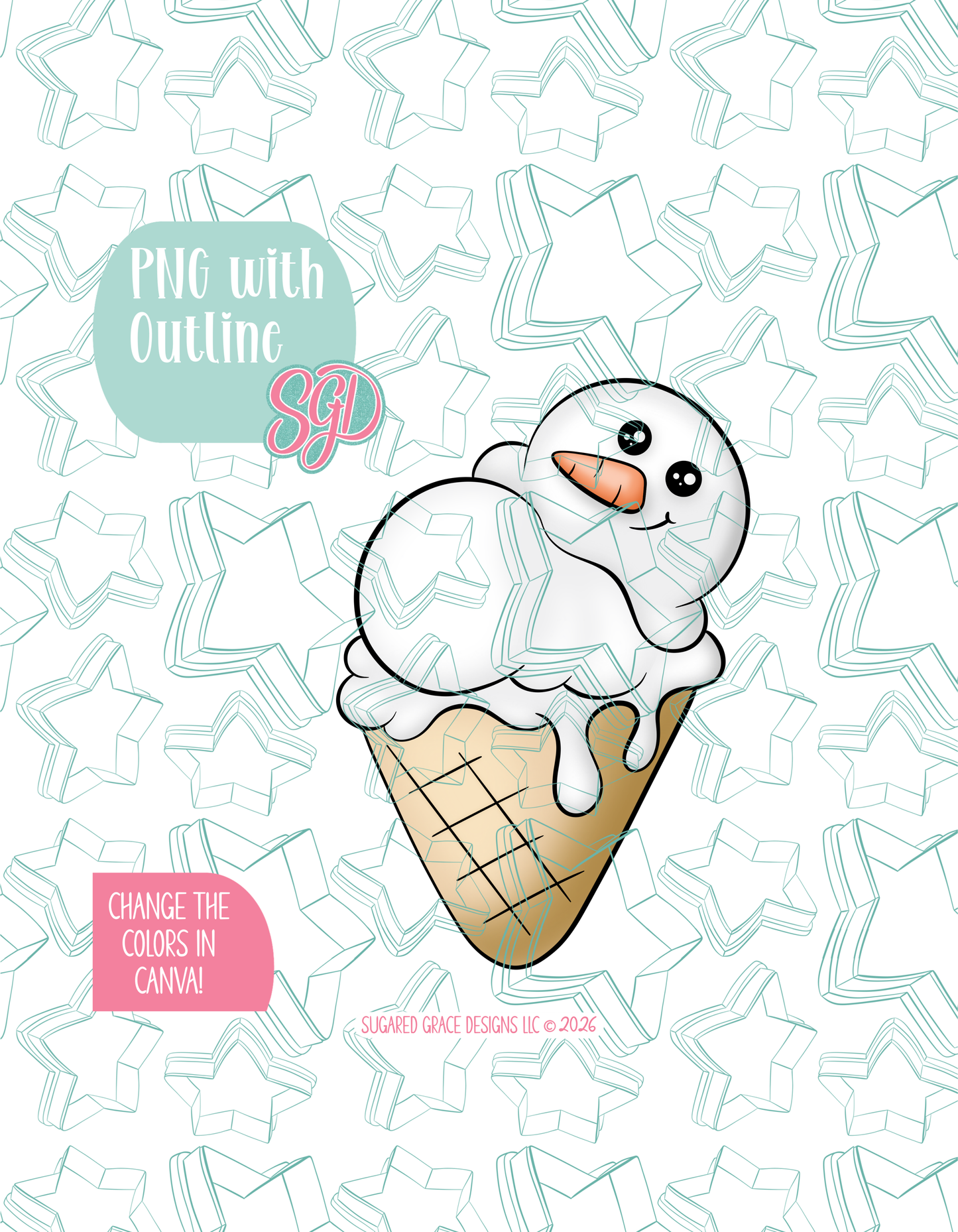Full color illustrated snowman ice cream cone, shown with a black outline on a background watermarked with Sugared Grace Designs’ teal star pattern