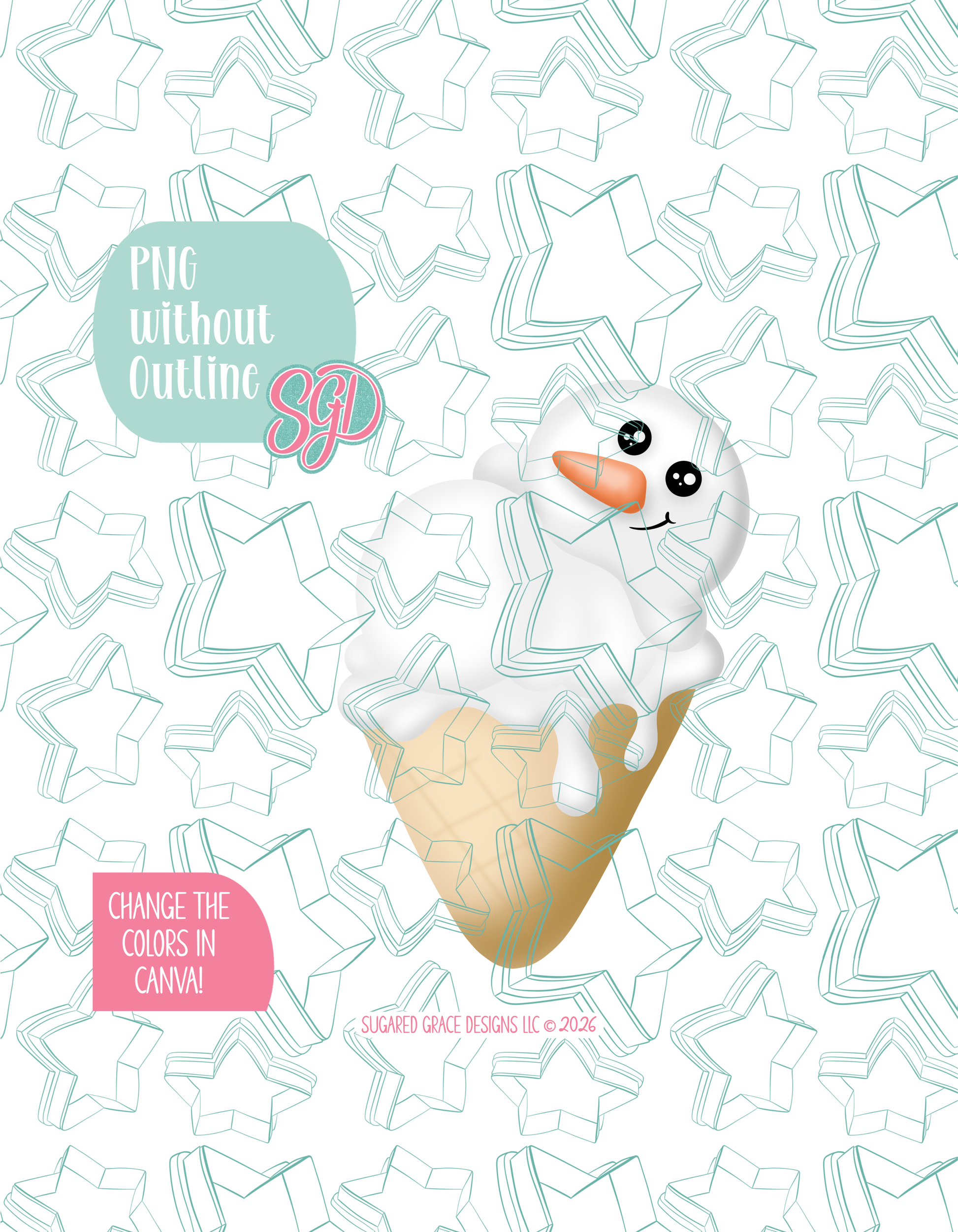 Full color version of the illustrated snowman ice cream cone, shown without black outlines on a background watermarked with Sugared Grace Designs’ tag star pattern