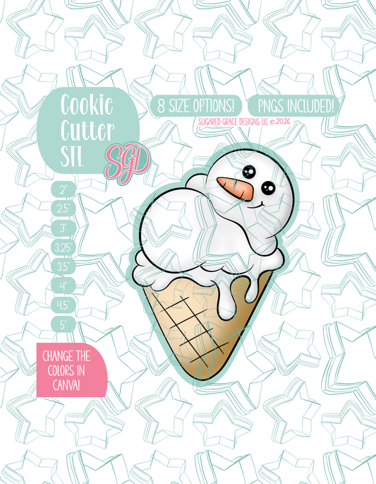 Illustrated ice cream cone cleverly drawn to depict a cute snowman, displayed on a background watermarked with a teal star pattern representing Sugared Grace Design’s brand. Text explains that the listing includes a snowman ice cream cone STL cookie cutter in multiple sizes plus editable PNG files.