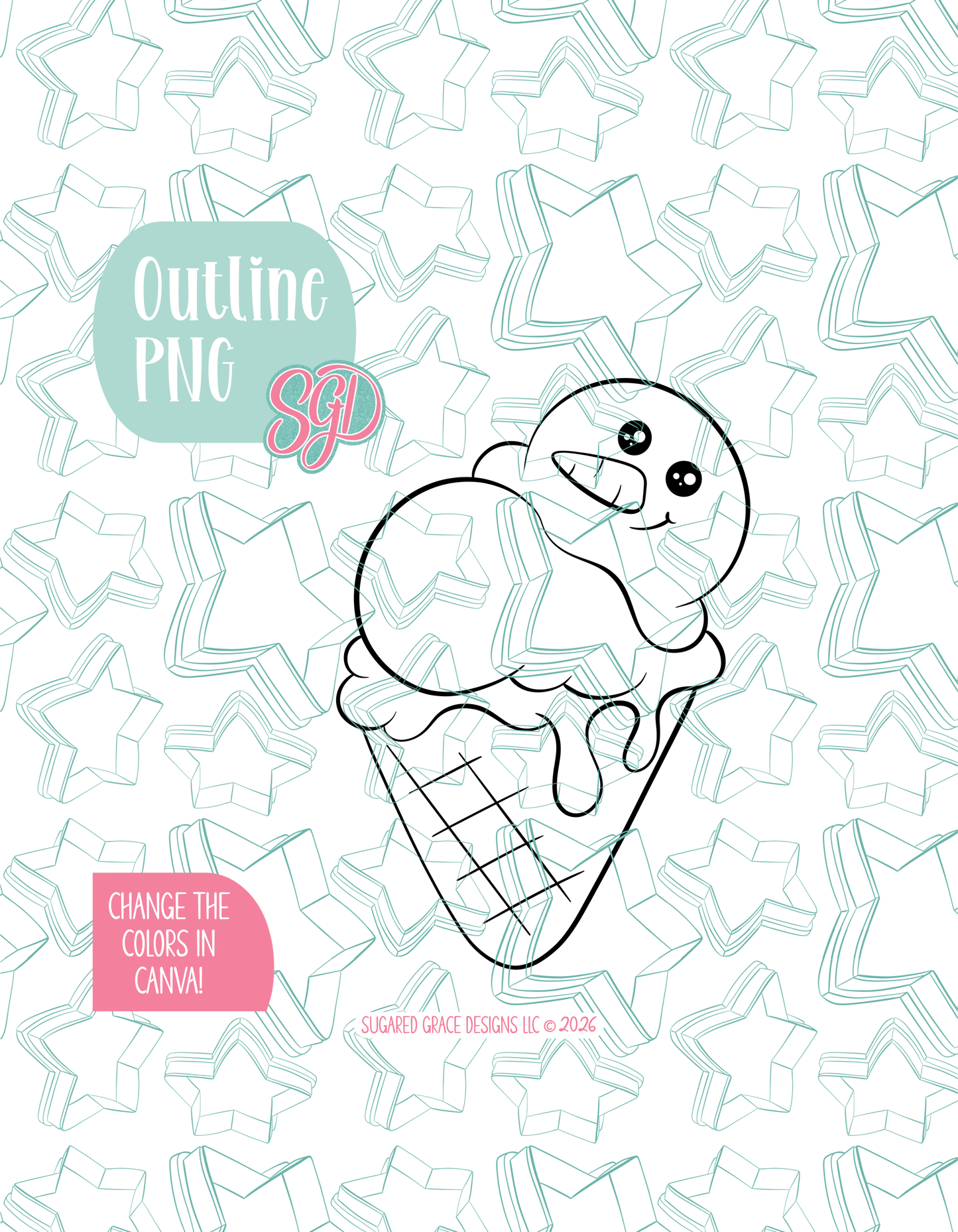 Black line outline drawing of the snowman ice cream cone, displayed on a background watermarked with Sugared Grace Designs’ teal star pattern