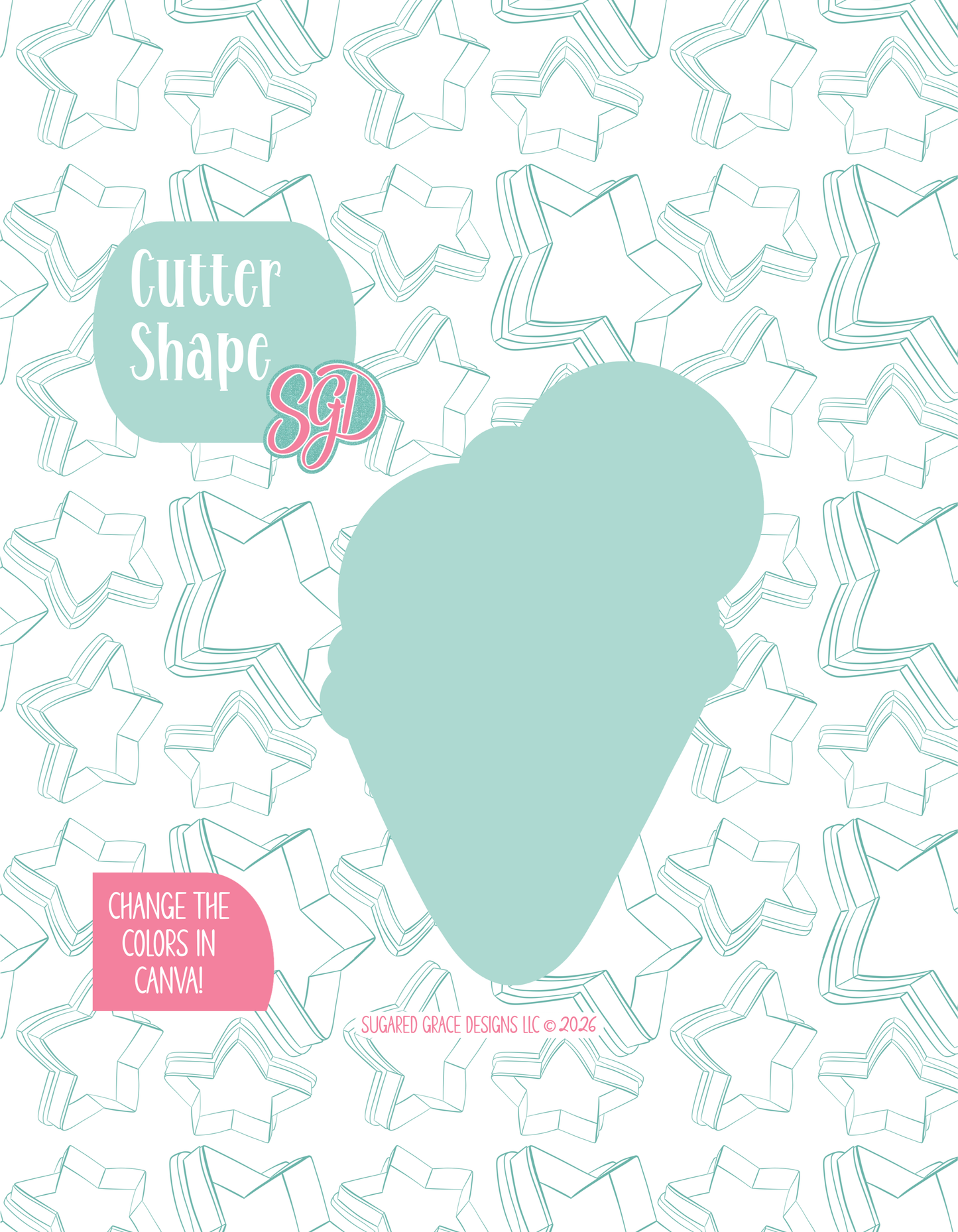 Solid teal silhouette showing the exact outer shape of the snowman ice cream cone cookie cutter, displayed on a background watermarked with Sugared Grace Design’s teal star pattern