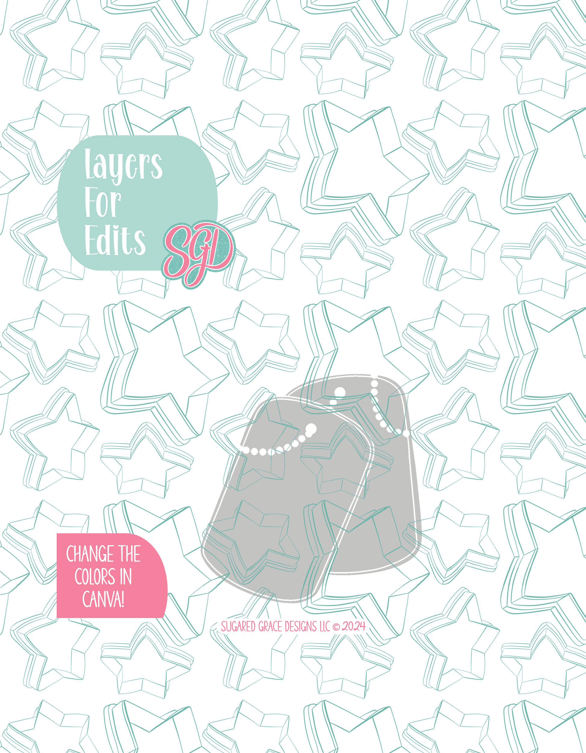 Colored layer breakdown of the dog tag necklace showing each section in a different color, with every color representing a separate editable layer in Canva. Displayed on a background watermarked with Sugared Grace Designs’ teal star pattern