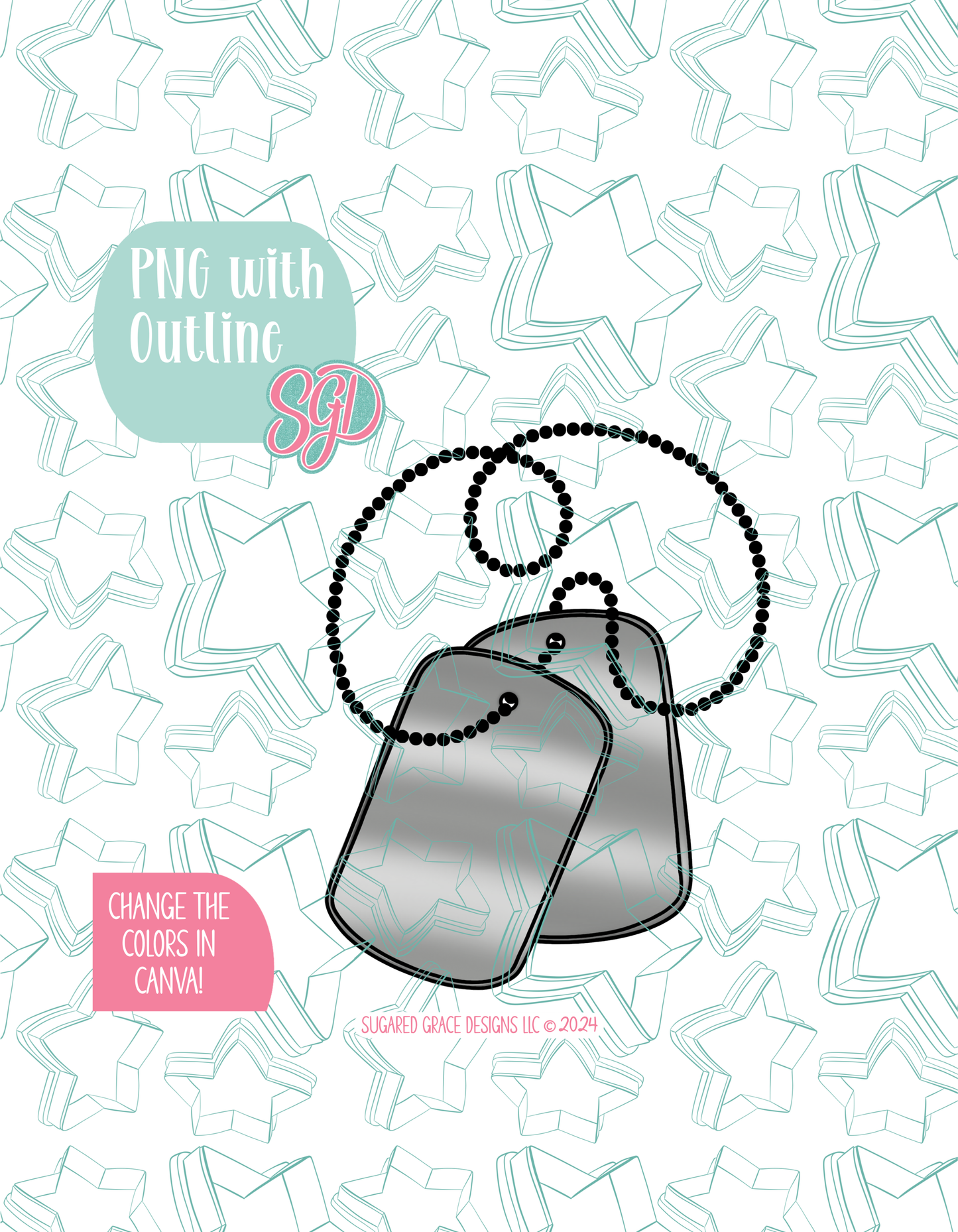 Full color illustrated dog tag necklace, shown with a black outline on a background watermarked with Sugared Grace Designs’ teal star pattern