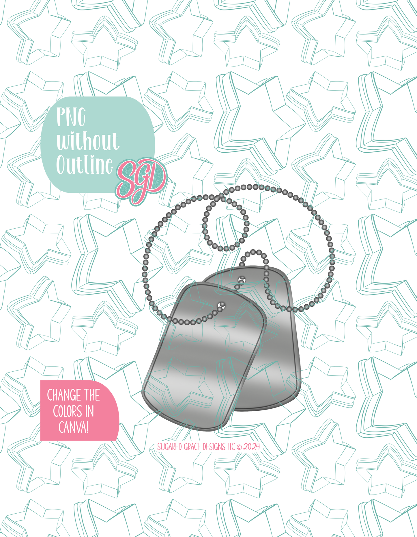 Full color version of the illustrated dog tag necklace, shown without black outlines on a background watermarked with Sugared Grace Designs’ tag star pattern