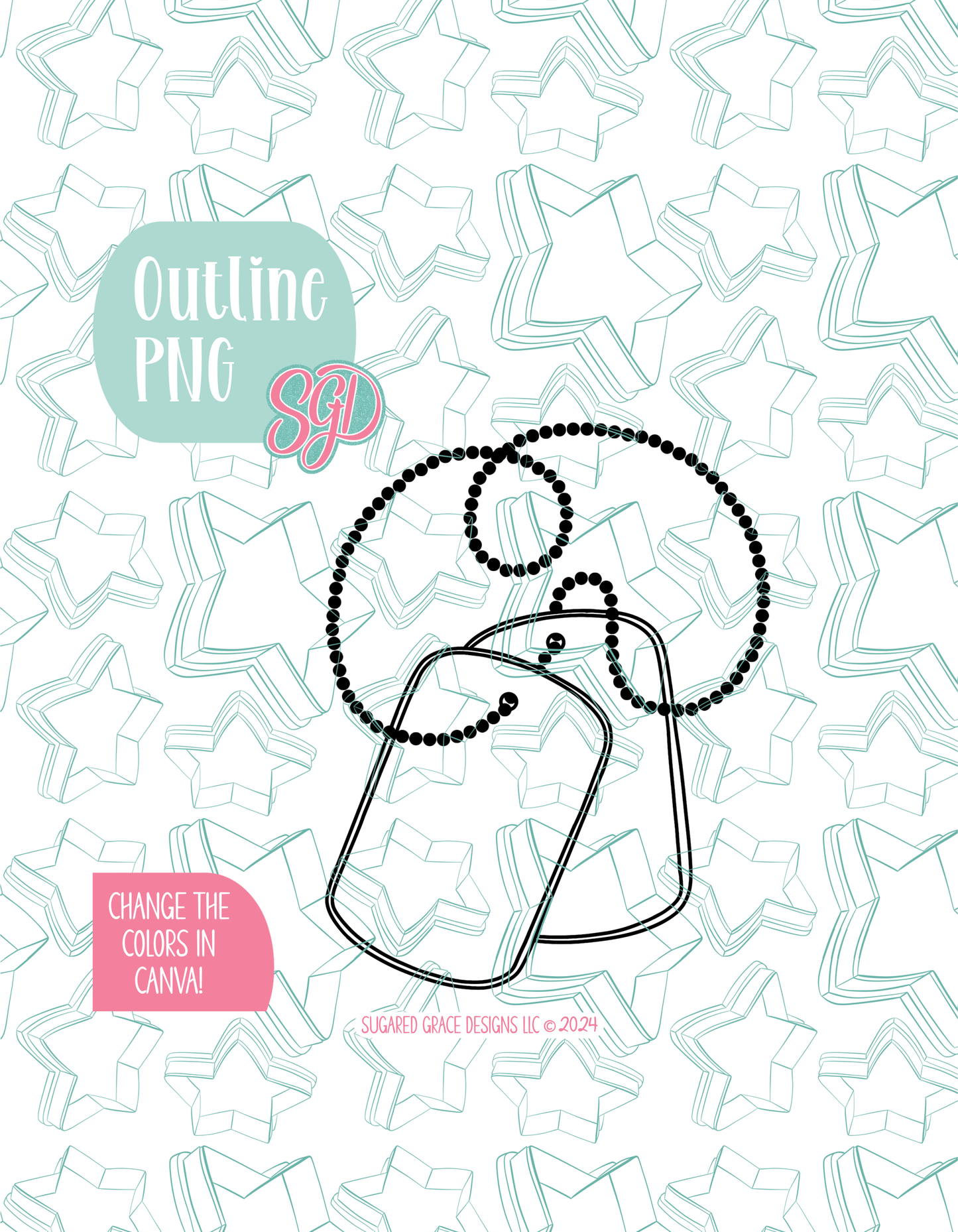 Black line outline drawing of the dog tag necklace, displayed on a background watermarked with Sugared Grace Designs’ teal star pattern