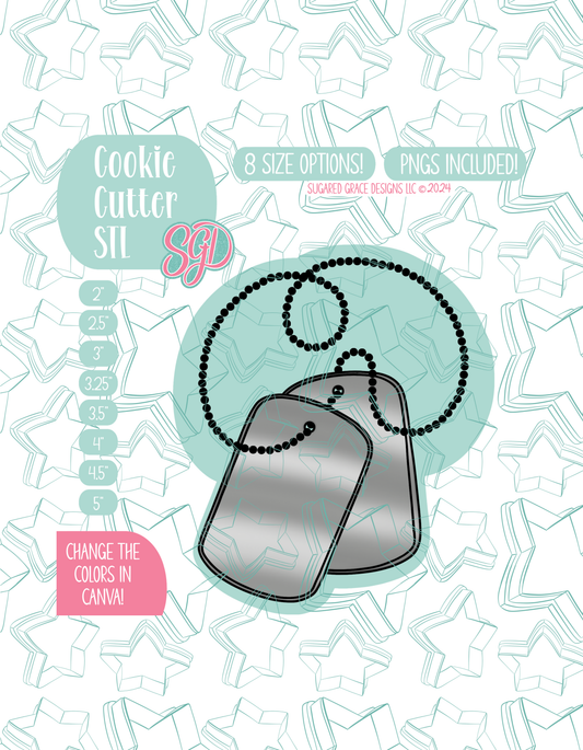 Illustrated military dog tag necklace displayed on a background watermarked with a teal star pattern representing Sugared Grace Design’s brand. Text explains that the listing includes a military dog tag necklace STL cookie cutter in multiple sizes plus editable PNG files.