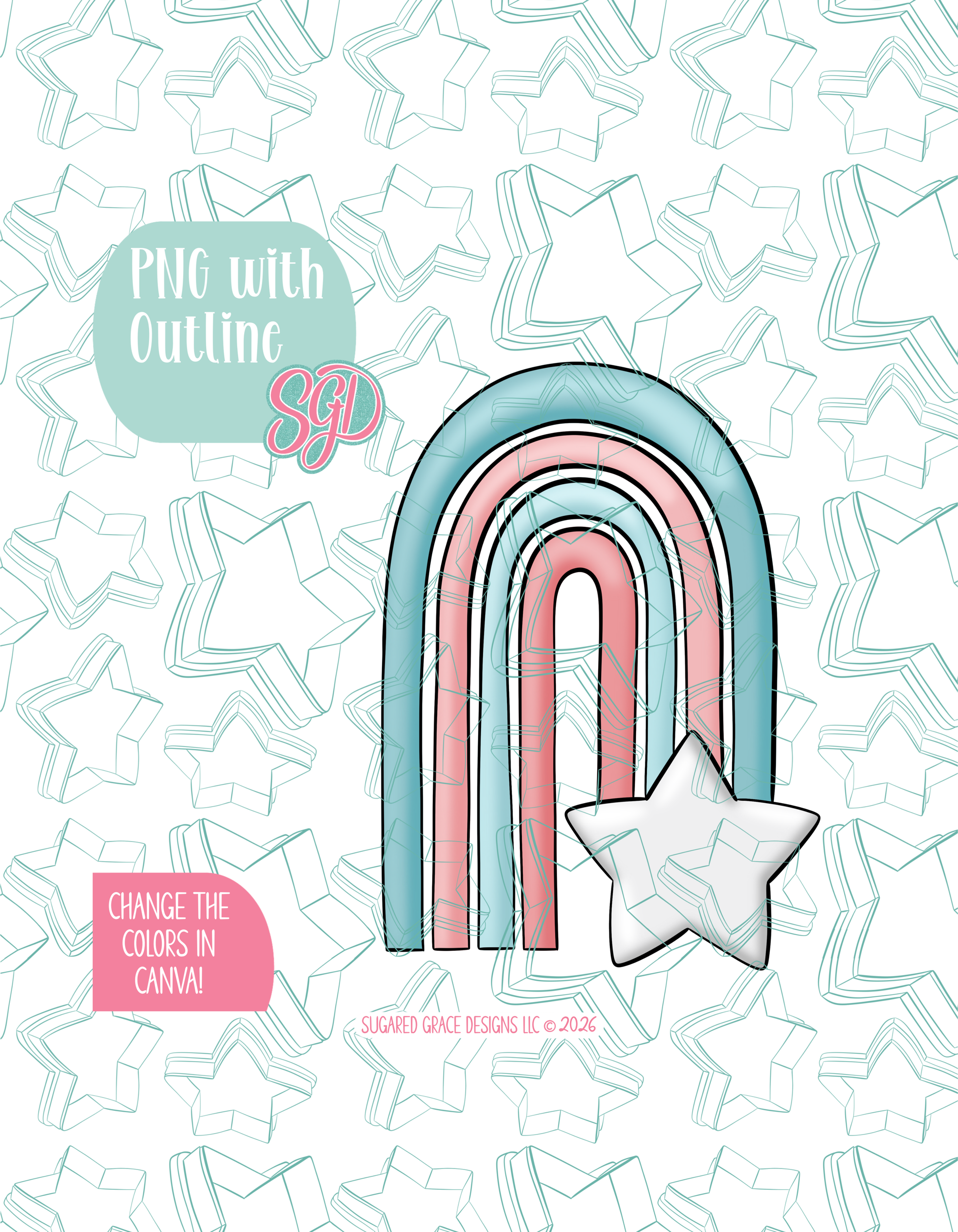 Full color illustrated Rainbow Star, shown with a black outline on a background watermarked with Sugared Grace Designs’ teal star pattern