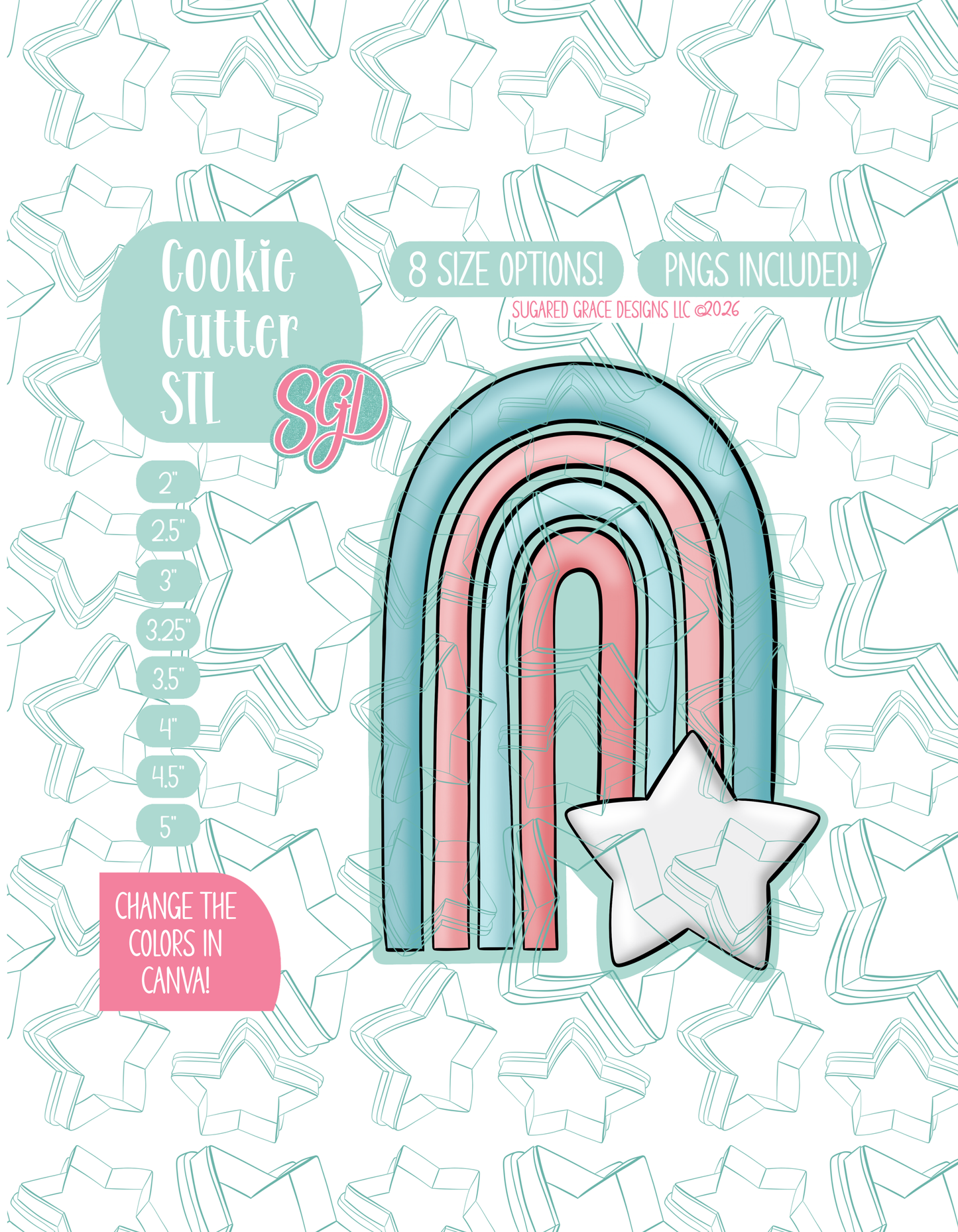 Illustrated arch drawn to depict a rainbow with a star at the bottom right end, displayed on a background watermarked with a teal star pattern representing Sugared Grace Design’s brand. Text explains that the listing includes a Rainbow Star STL cookie cutter in multiple sizes plus editable PNG files.