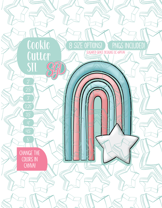Illustrated arch drawn to depict a rainbow with a star at the bottom right end, displayed on a background watermarked with a teal star pattern representing Sugared Grace Design’s brand. Text explains that the listing includes a Rainbow Star STL cookie cutter in multiple sizes plus editable PNG files.