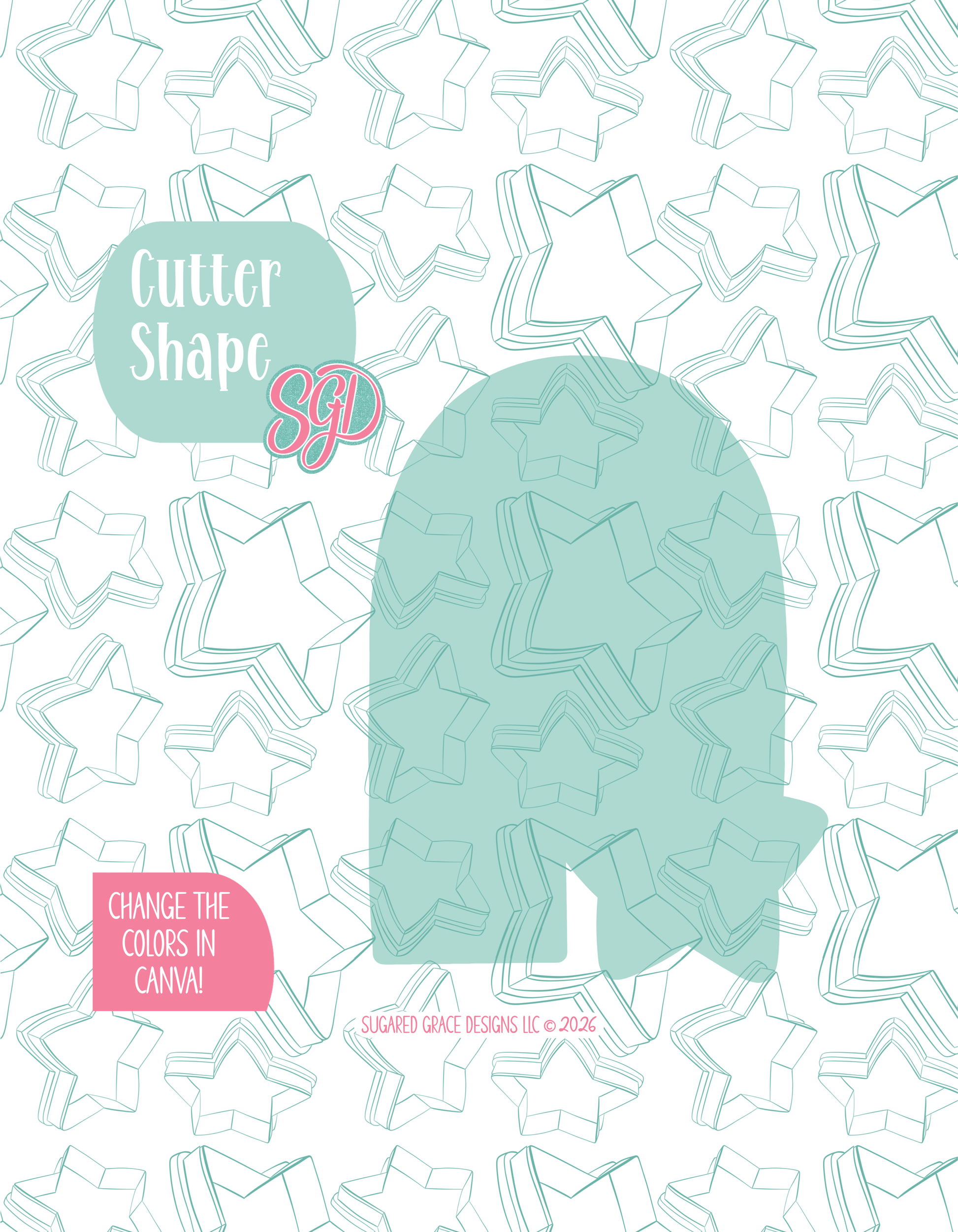 Solid teal silhouette showing the exact outer shape of the Rainbow Star cookie cutter, displayed on a background watermarked with Sugared Grace Design’s teal star pattern