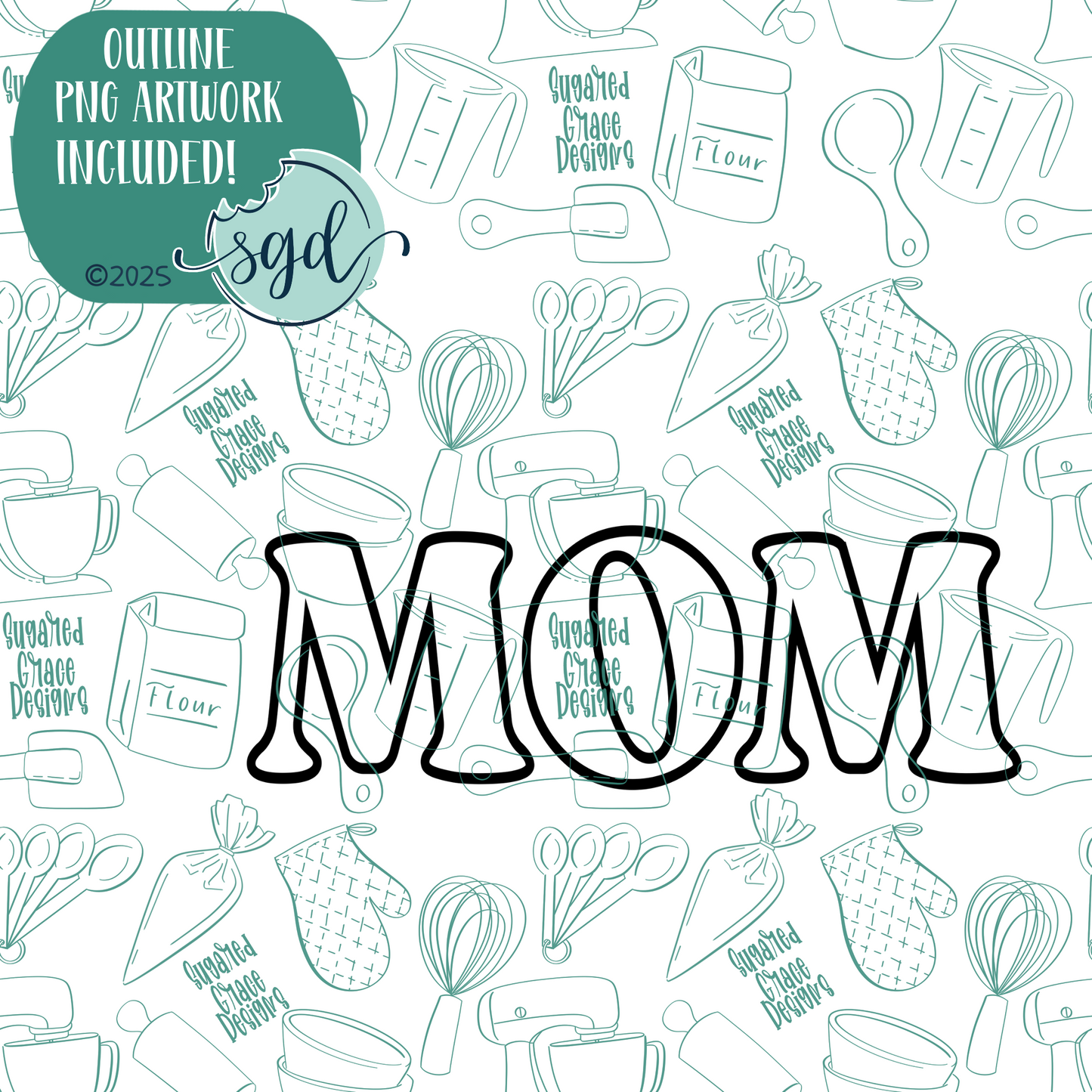Mom Word Stick Cookie Cutter with PNG Images to Match - Hand Drawn Graphics for Edible Ink Printers