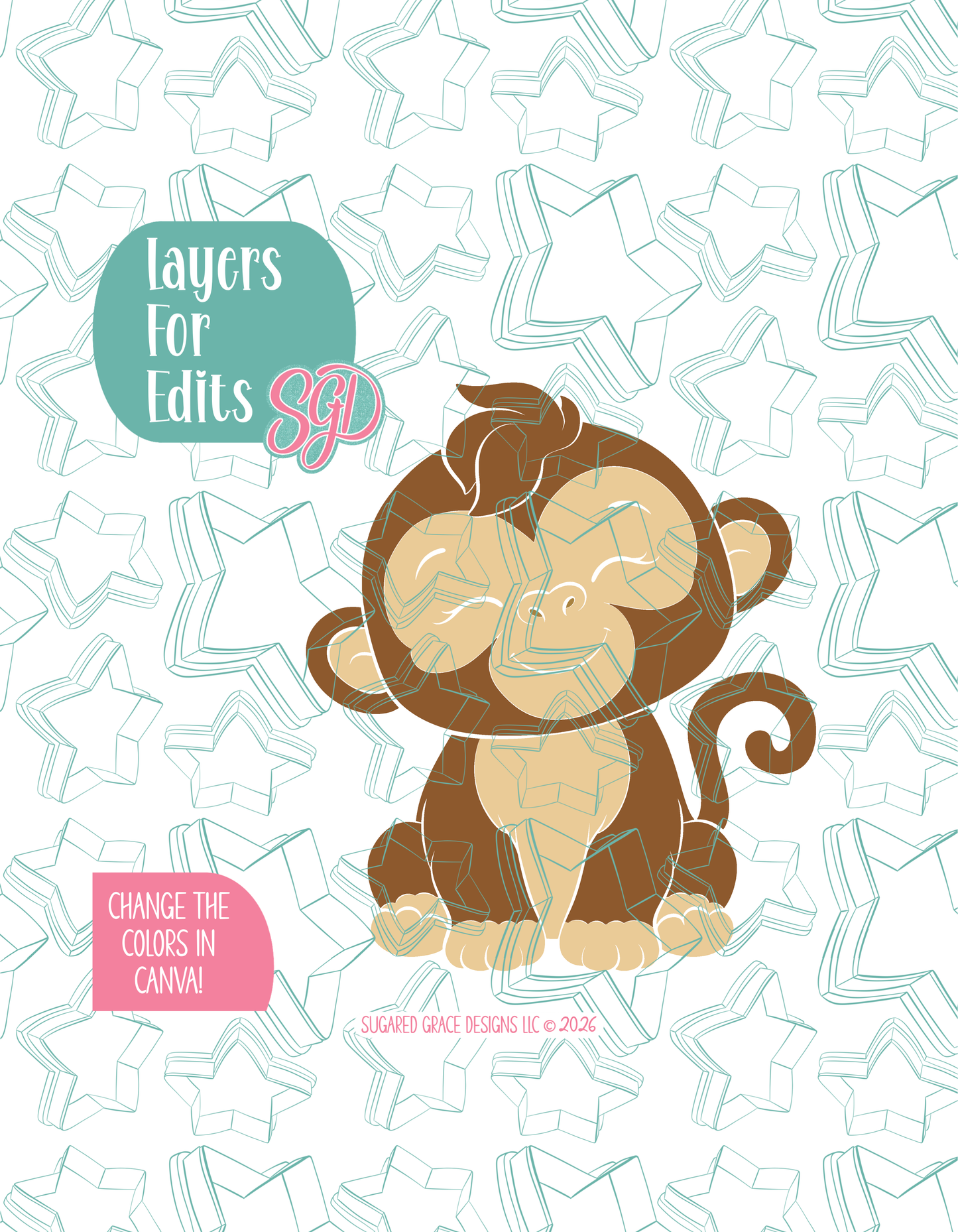 Colored layer breakdown of the Monkey showing each section in a different color, with every color representing a separate editable layer in Canva. Displayed on a background watermarked with Sugared Grace Designs’ teal star pattern