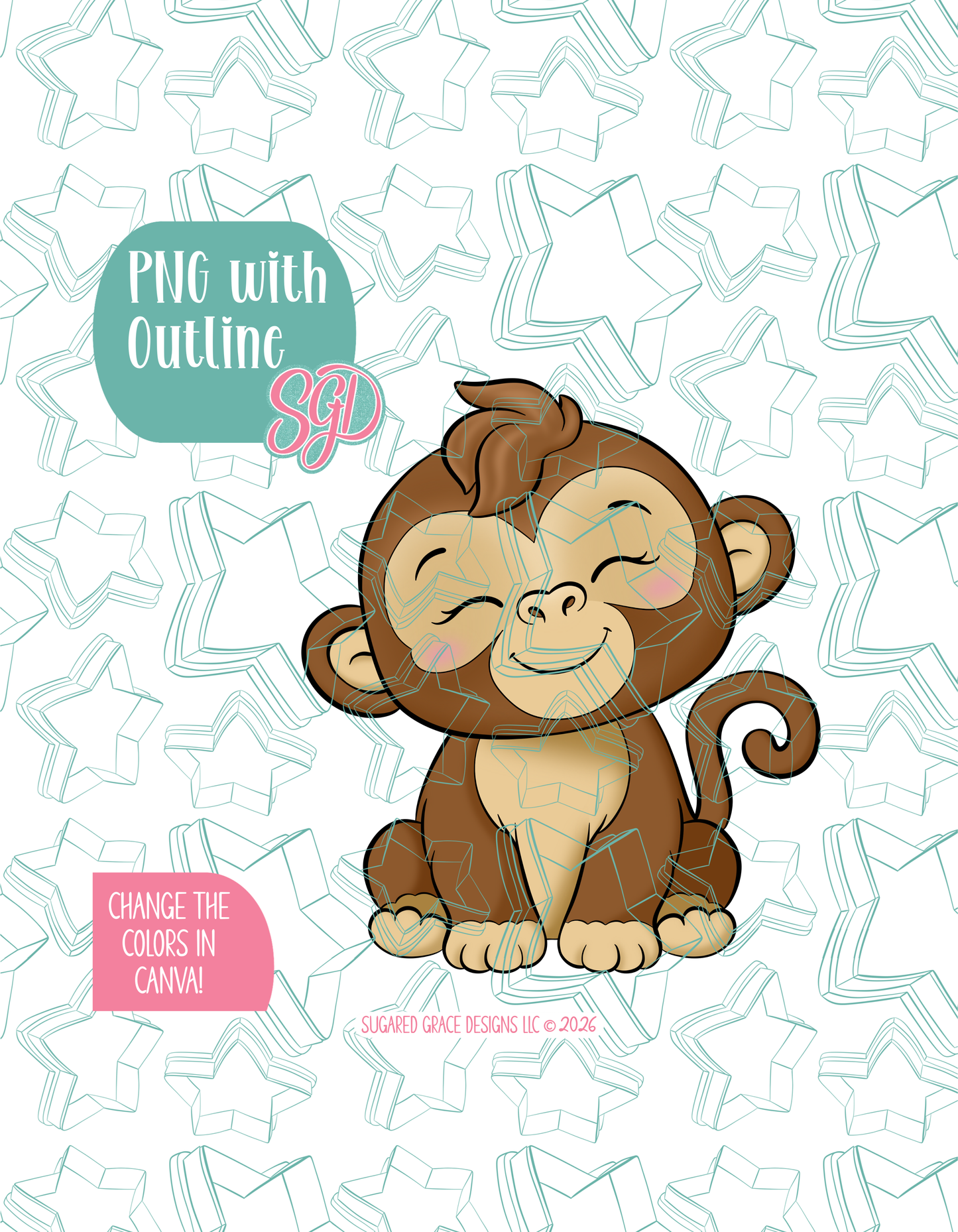 Full color illustrated Monkey, shown with a black outline on a background watermarked with Sugared Grace Designs’ teal star pattern