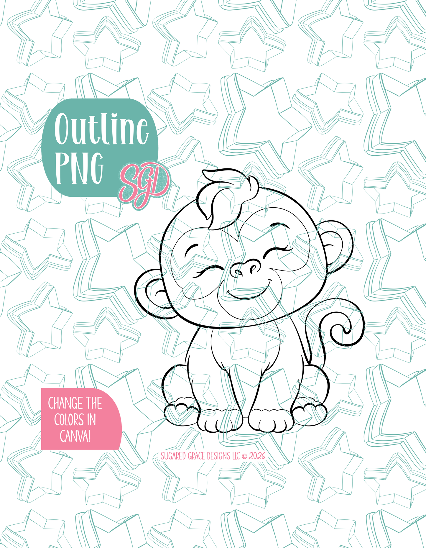 Black line outline drawing of the Monkey displayed on a background watermarked with Sugared Grace Designs’ teal star pattern