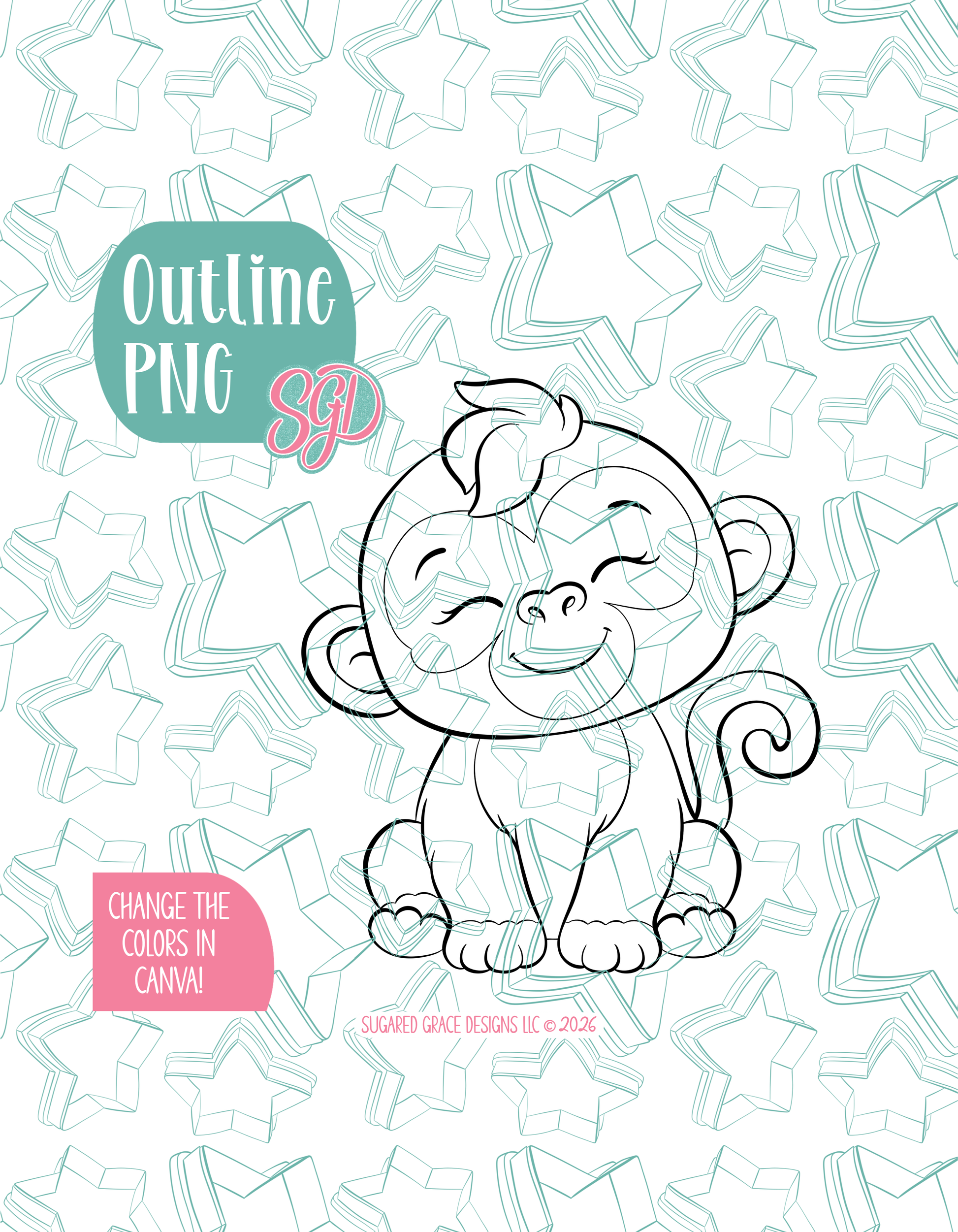 Black line outline drawing of the Monkey displayed on a background watermarked with Sugared Grace Designs’ teal star pattern