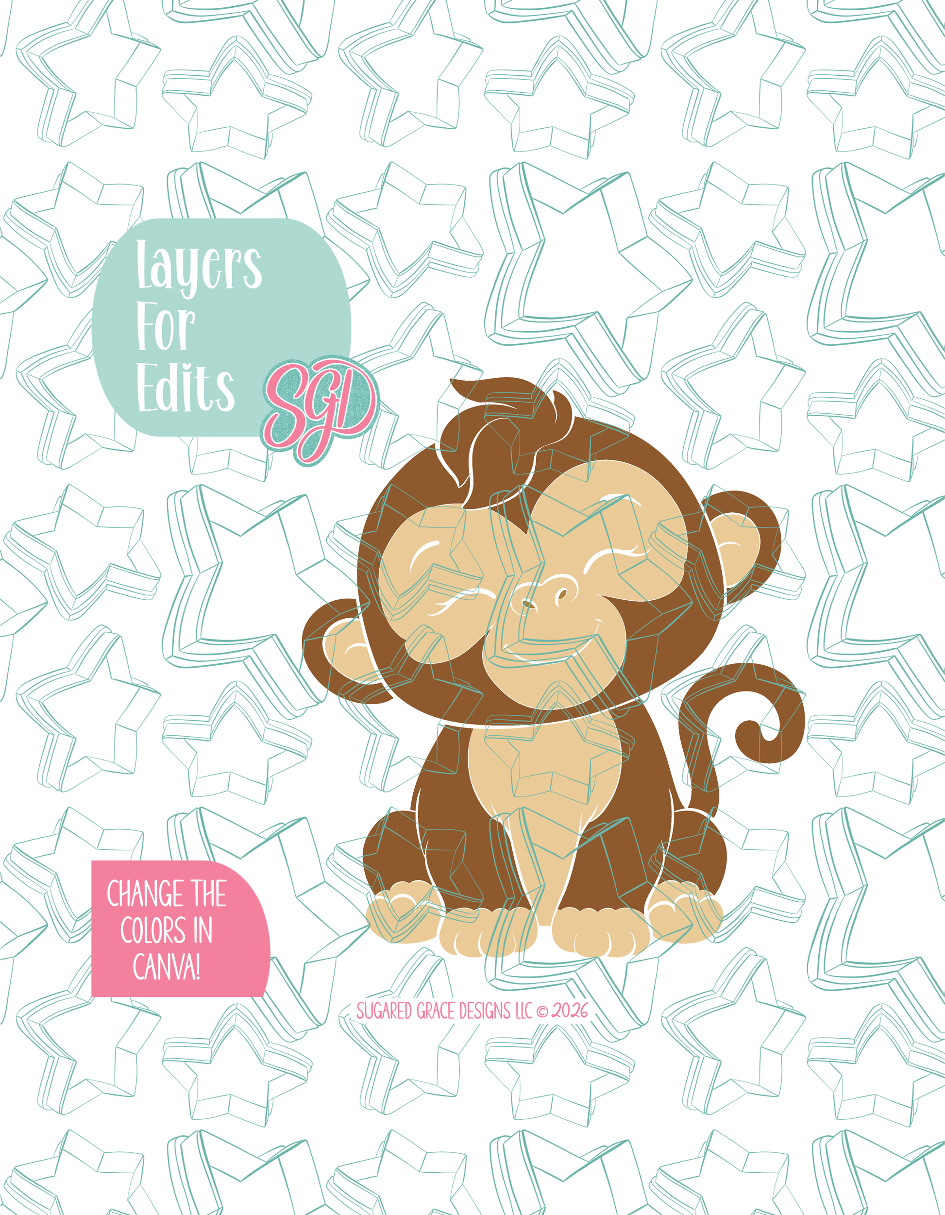 Colored layer breakdown of the Monkey showing each section in a different color, with every color representing a separate editable layer in Canva. Displayed on a background watermarked with Sugared Grace Designs’ teal star pattern
