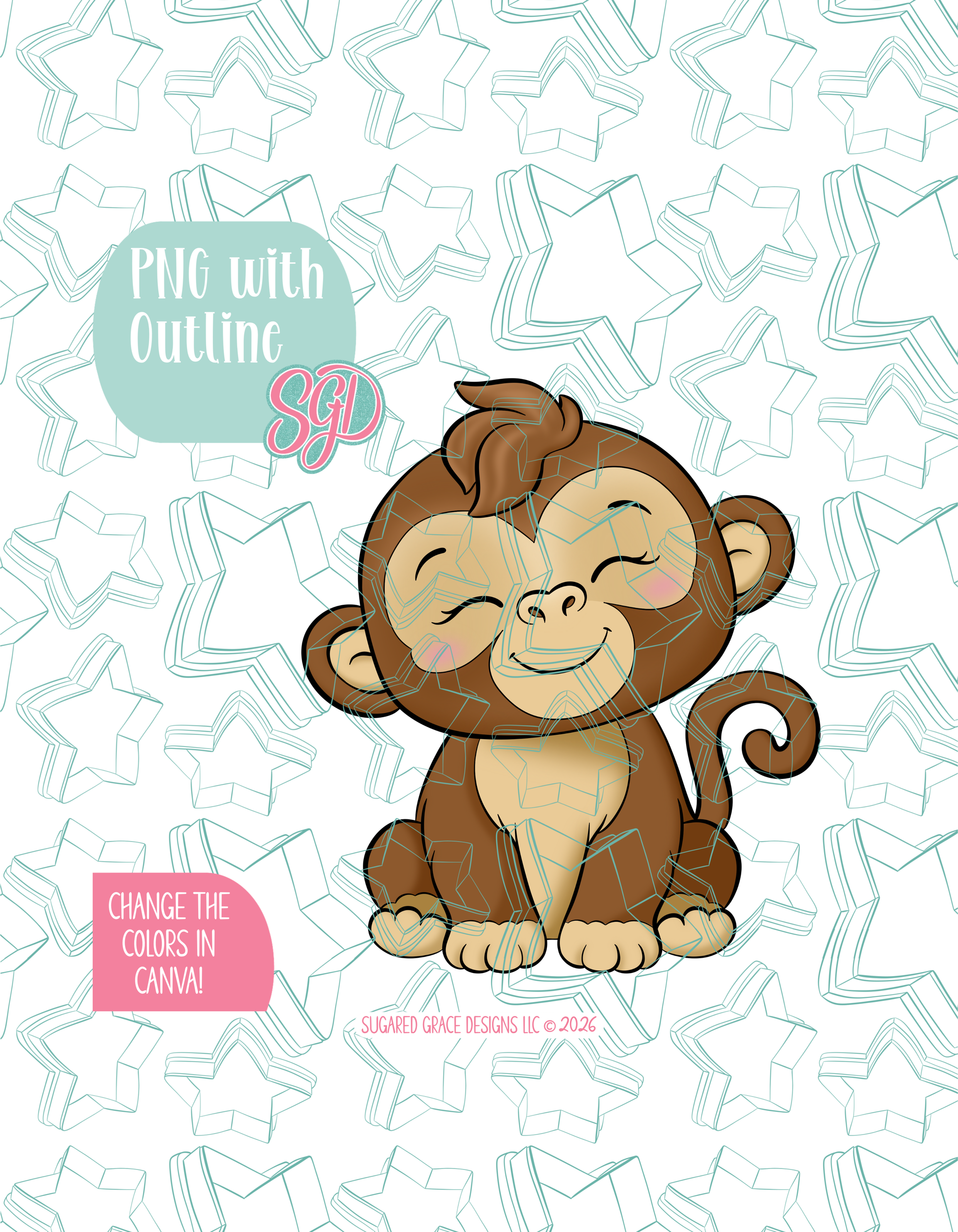 Full color illustrated Monkey, shown with a black outline on a background watermarked with Sugared Grace Designs’ teal star pattern
