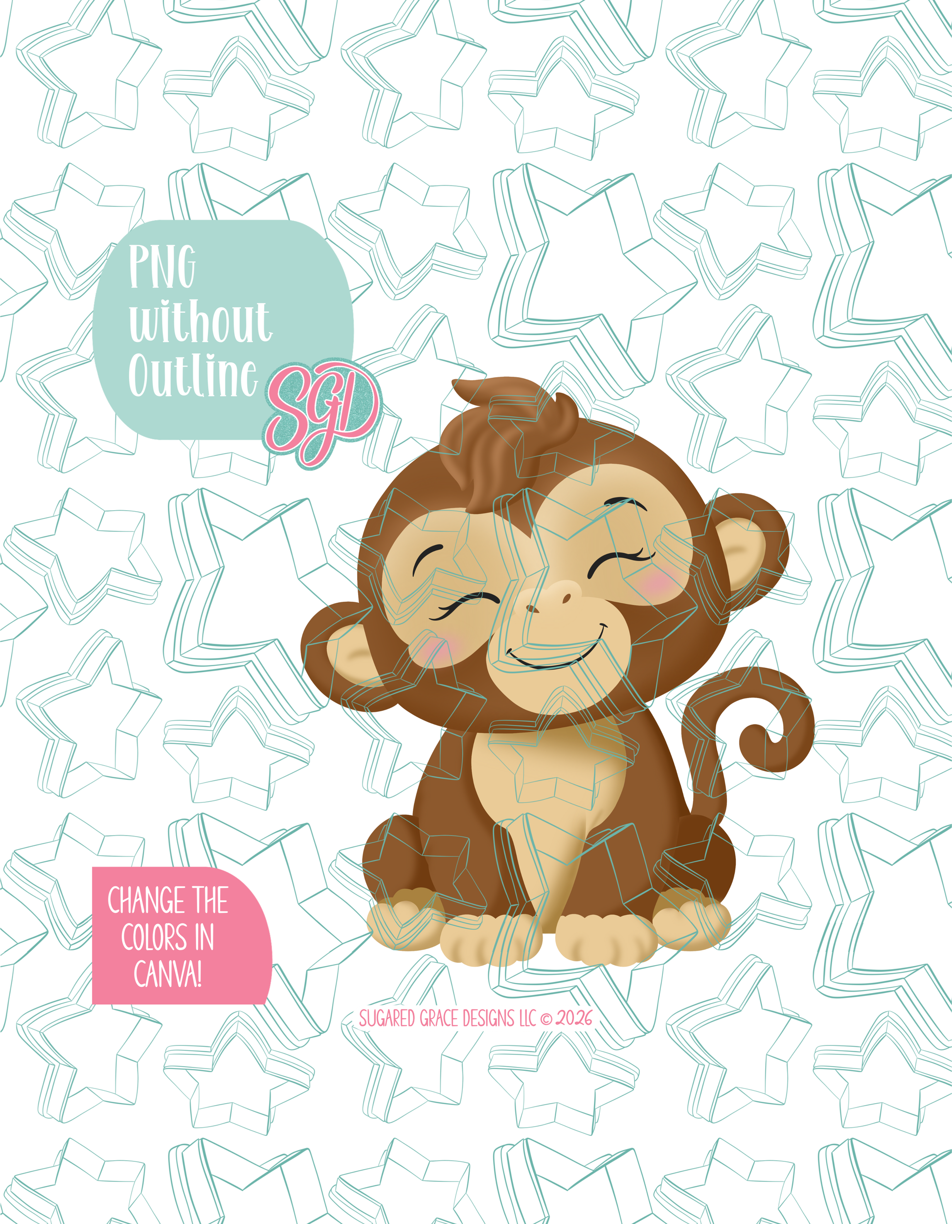 Full color version of the illustrated Monkey shown without black outlines on a background watermarked with Sugared Grace Designs’ tag star pattern