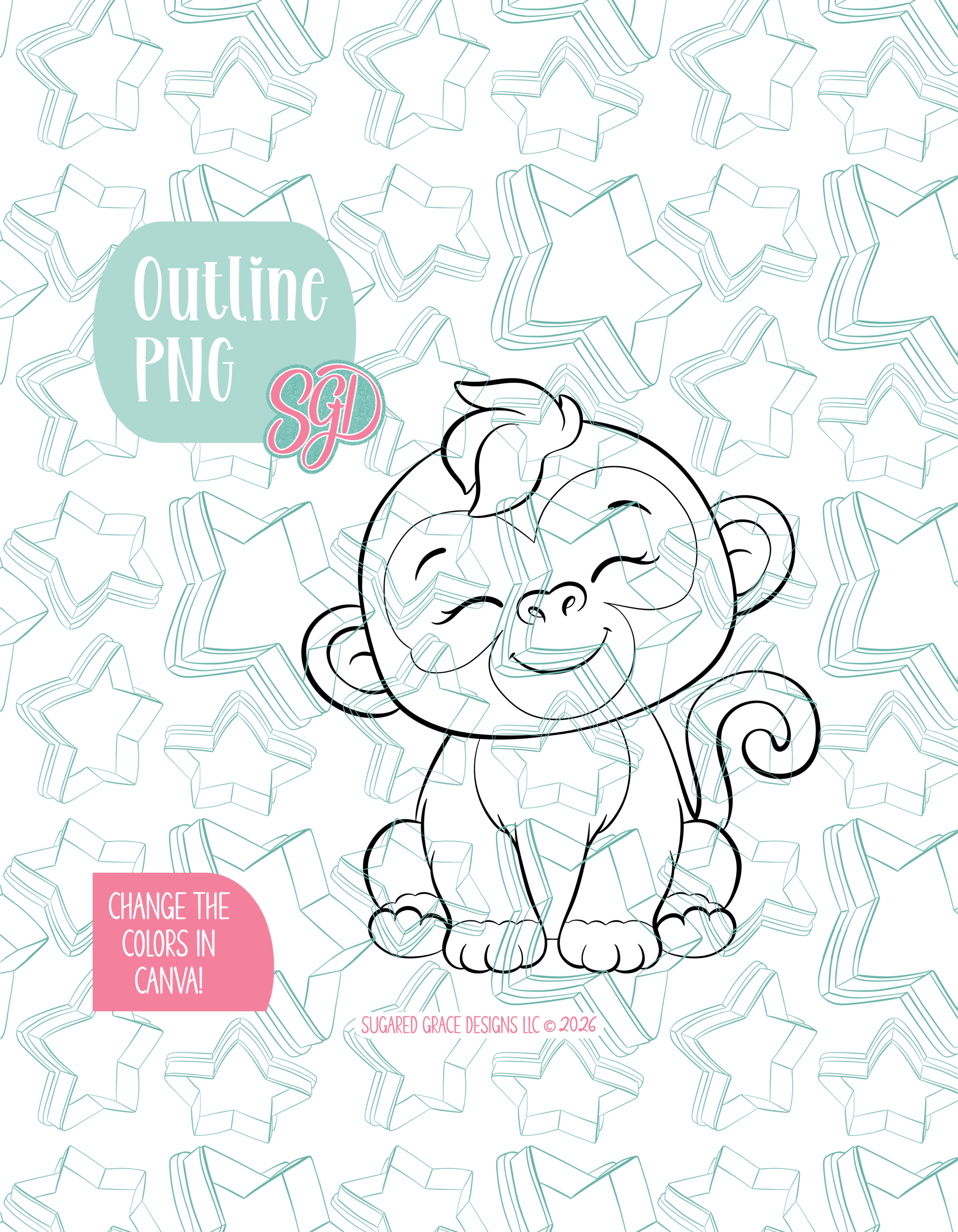 Black line outline drawing of the Monkey displayed on a background watermarked with Sugared Grace Designs’ teal star pattern