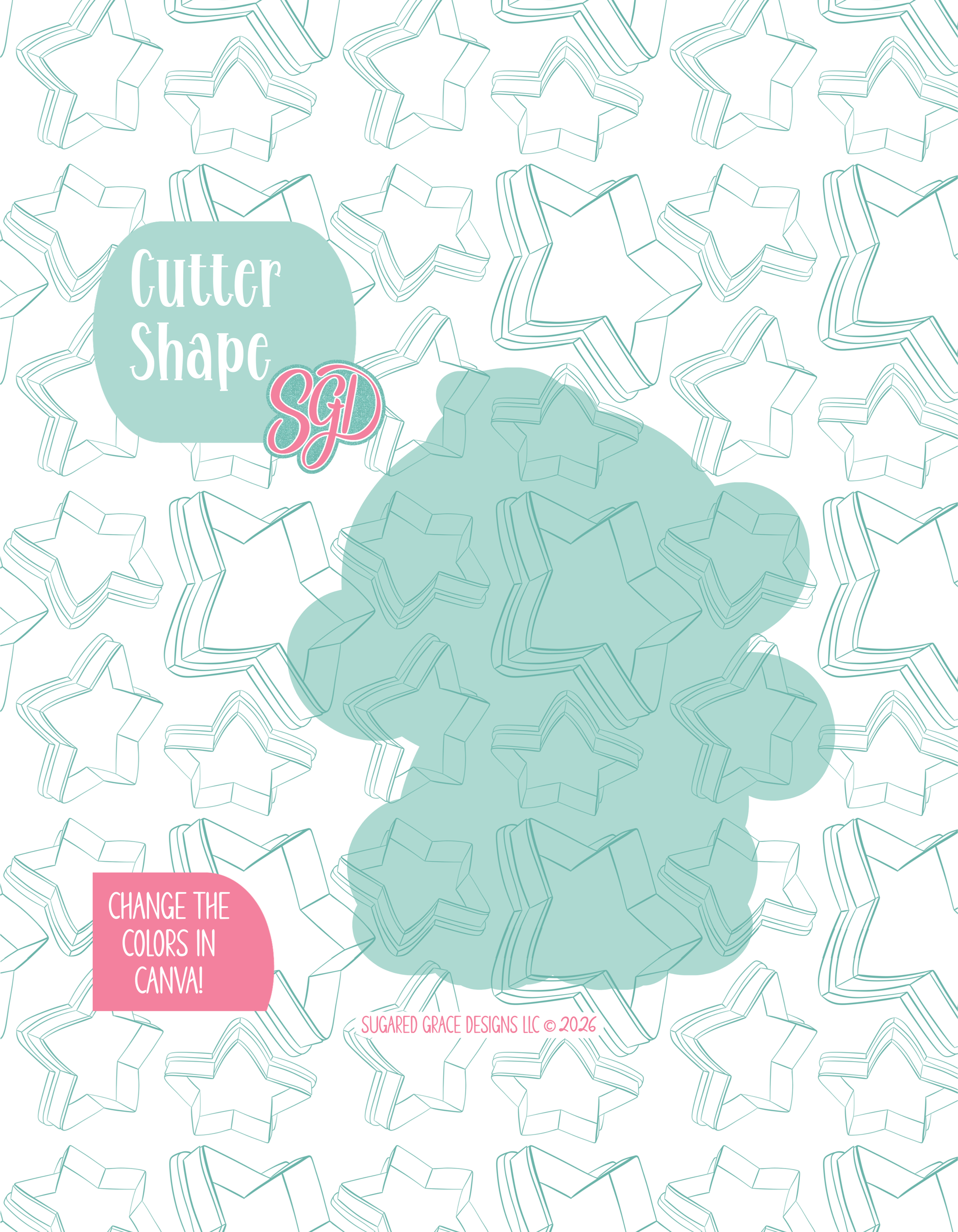 Solid teal silhouette showing the exact outer shape of the Monkey cookie cutter, displayed on a background watermarked with Sugared Grace Design’s teal star pattern