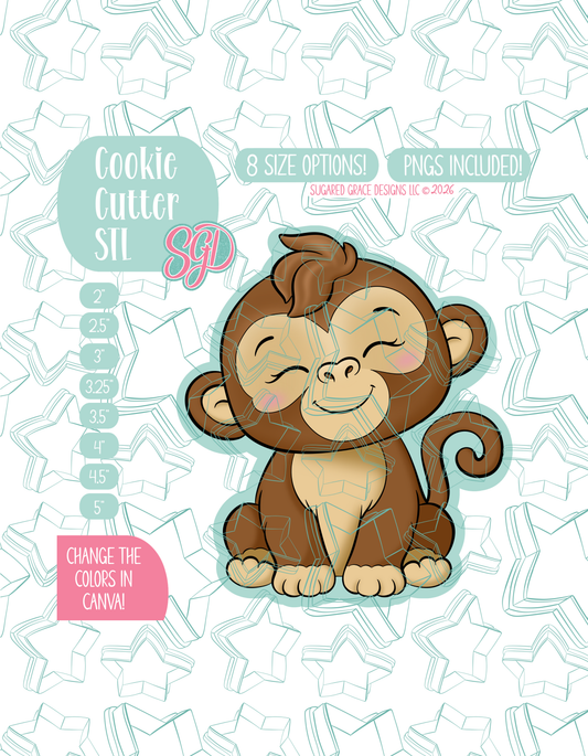 Illustrated Monkey, displayed on a background watermarked with a teal star pattern representing Sugared Grace Design’s brand. Text explains that the listing includes a Monkey STL cookie cutter in multiple sizes plus editable PNG files.