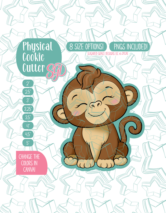 Illustrated Monkey, displayed on a background watermarked with a teal star pattern representing Sugared Grace Design’s brand. Text explains that the listing includes a Monkey STL cookie cutter in multiple sizes plus editable PNG files.