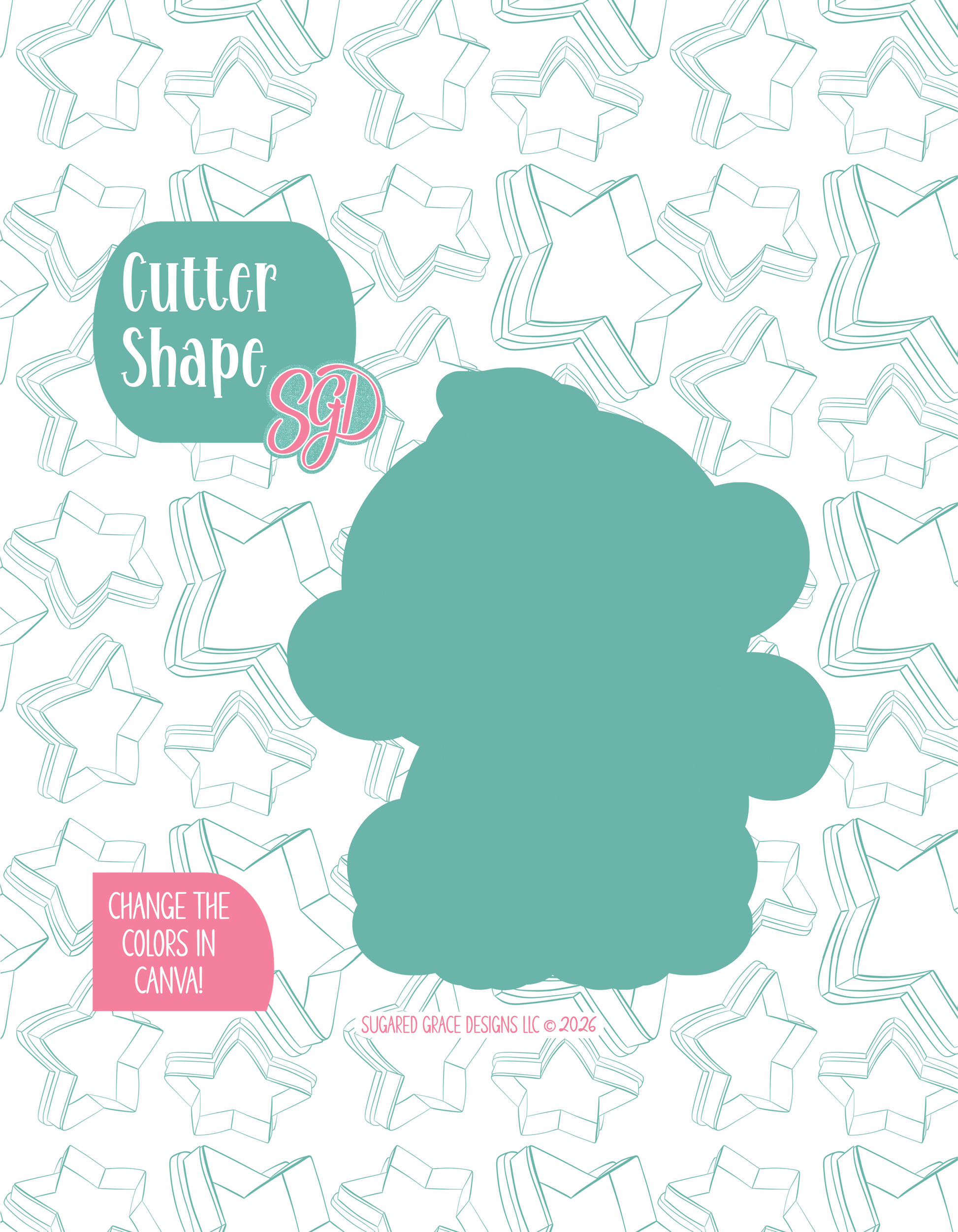Solid teal silhouette showing the exact outer shape of the Monkey cookie cutter, displayed on a background watermarked with Sugared Grace Design’s teal star pattern
