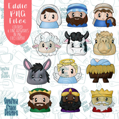 Hand Drawn Christmas Nativity PNG Image Set for Edible Ink Printers Including Eddie and line art for High Quality PYO Cookie Kits