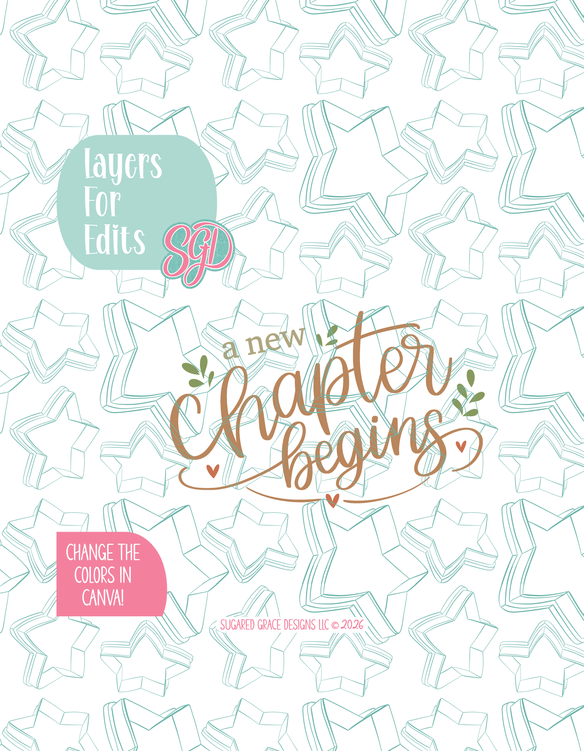 Colored layer breakdown of the plaque showing each section in a different color, with every color representing a separate editable layer in Canva. Displayed on a background watermarked with Sugared Grace Designs’ teal star pattern
