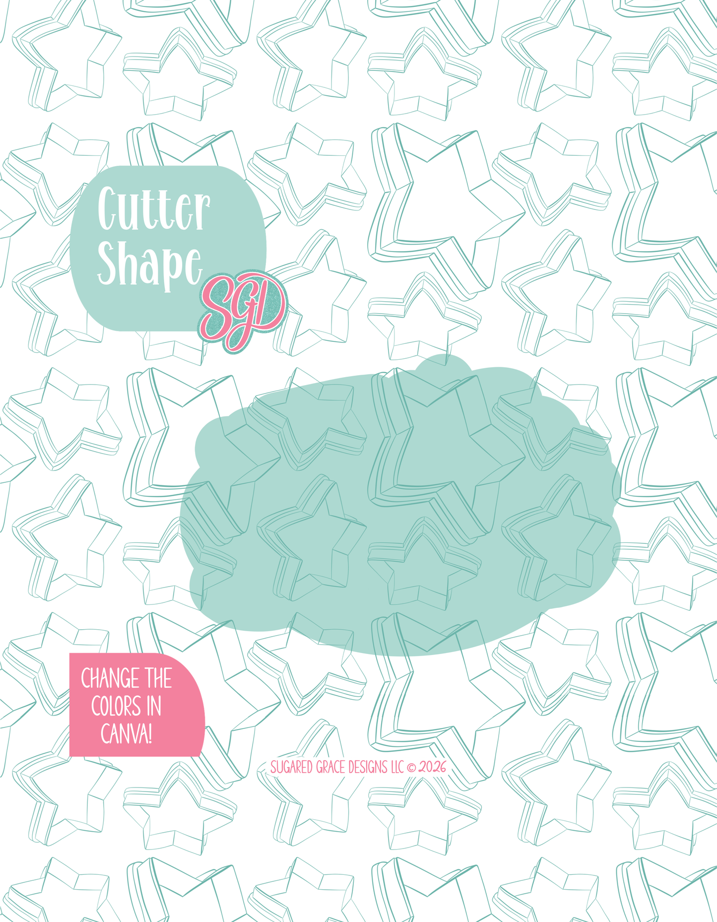 Solid teal silhouette showing the exact outer shape of the plaque cookie cutter, displayed on a background watermarked with Sugared Grace Design’s teal star pattern