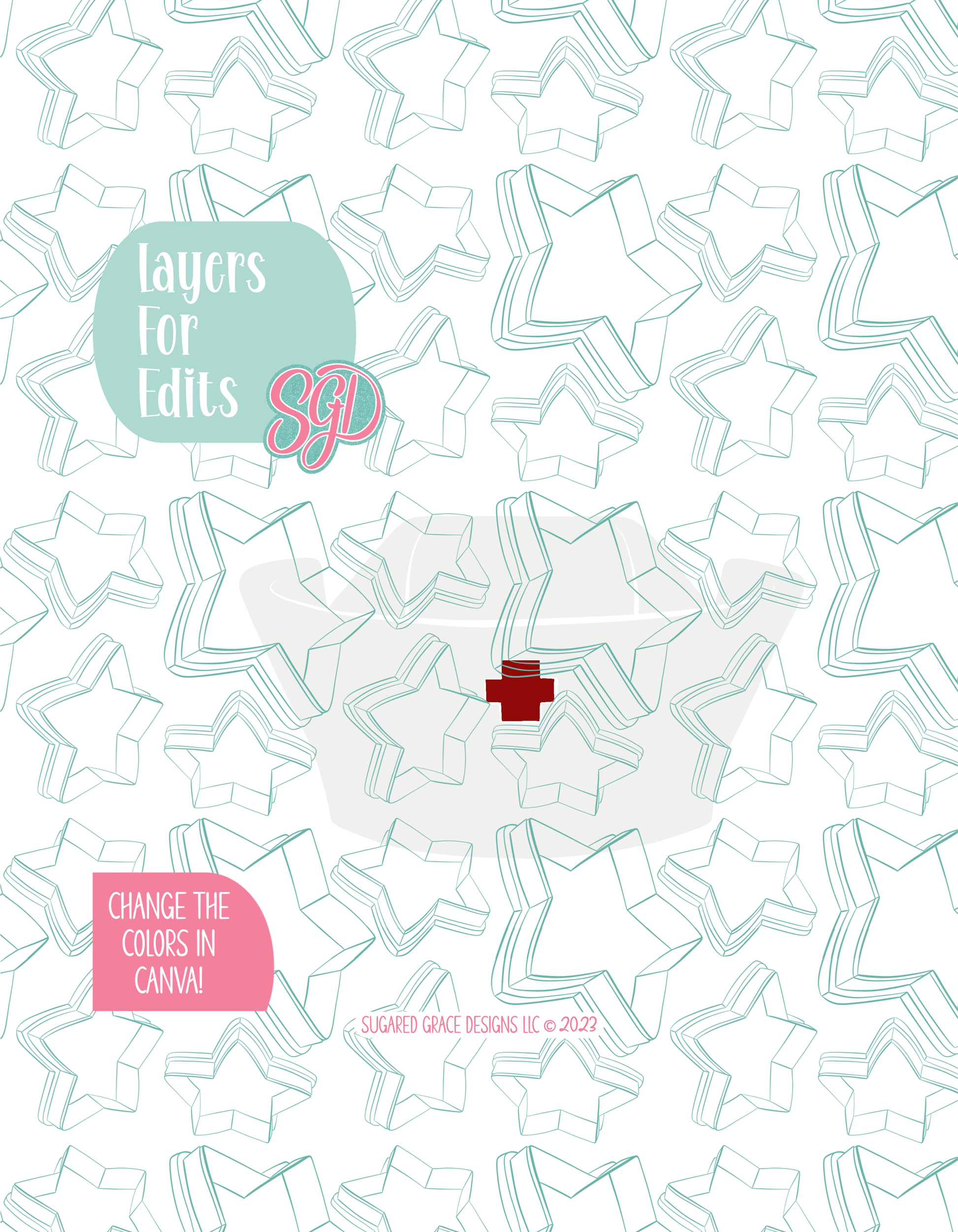 Colored layer breakdown of the Nurse Cap showing each section in a different color, with every color representing a separate editable layer in Canva. Displayed on a background watermarked with Sugared Grace Designs’ teal star pattern