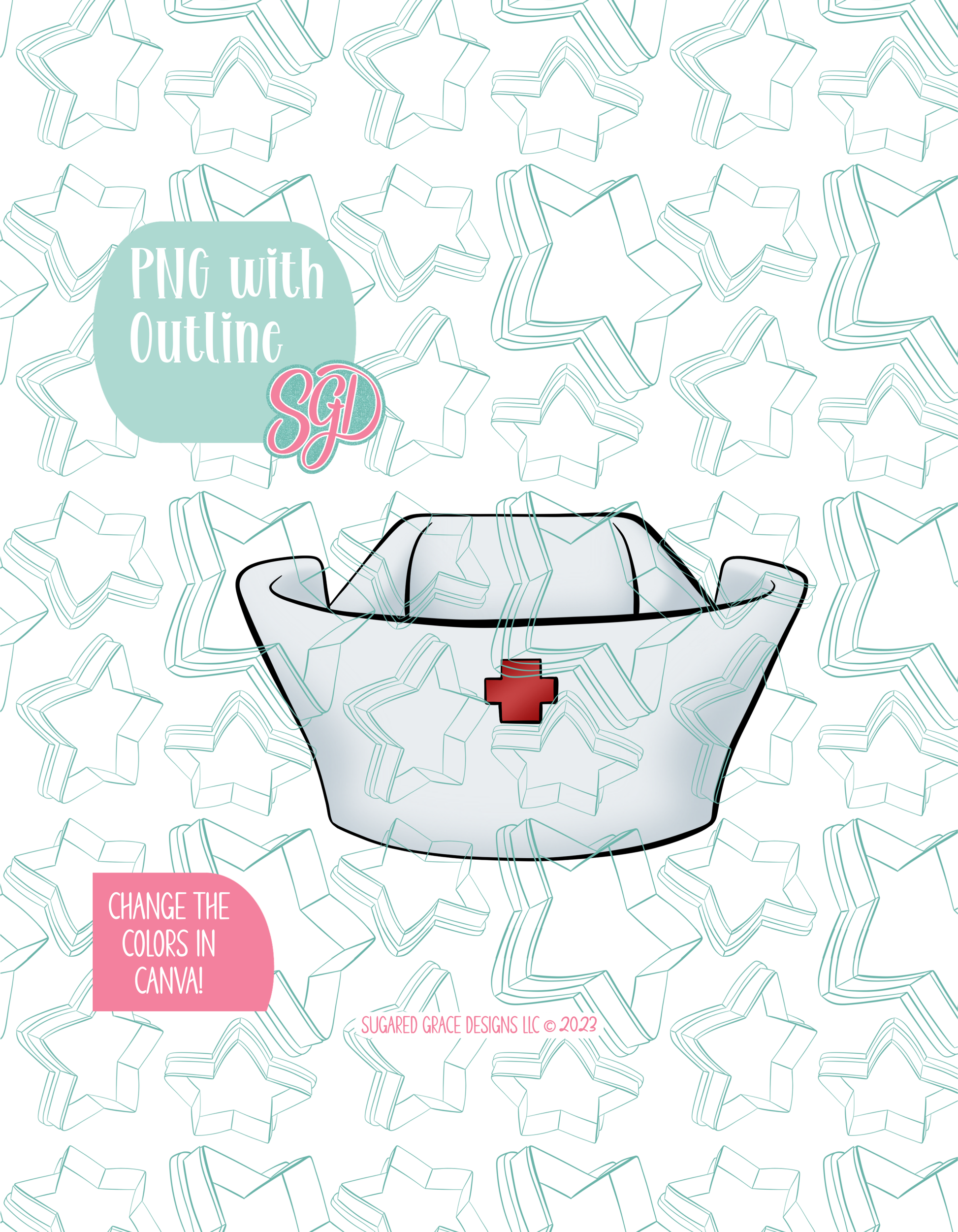 Full color illustrated Nurse Cap, shown with a black outline on a background watermarked with Sugared Grace Designs’ teal star pattern